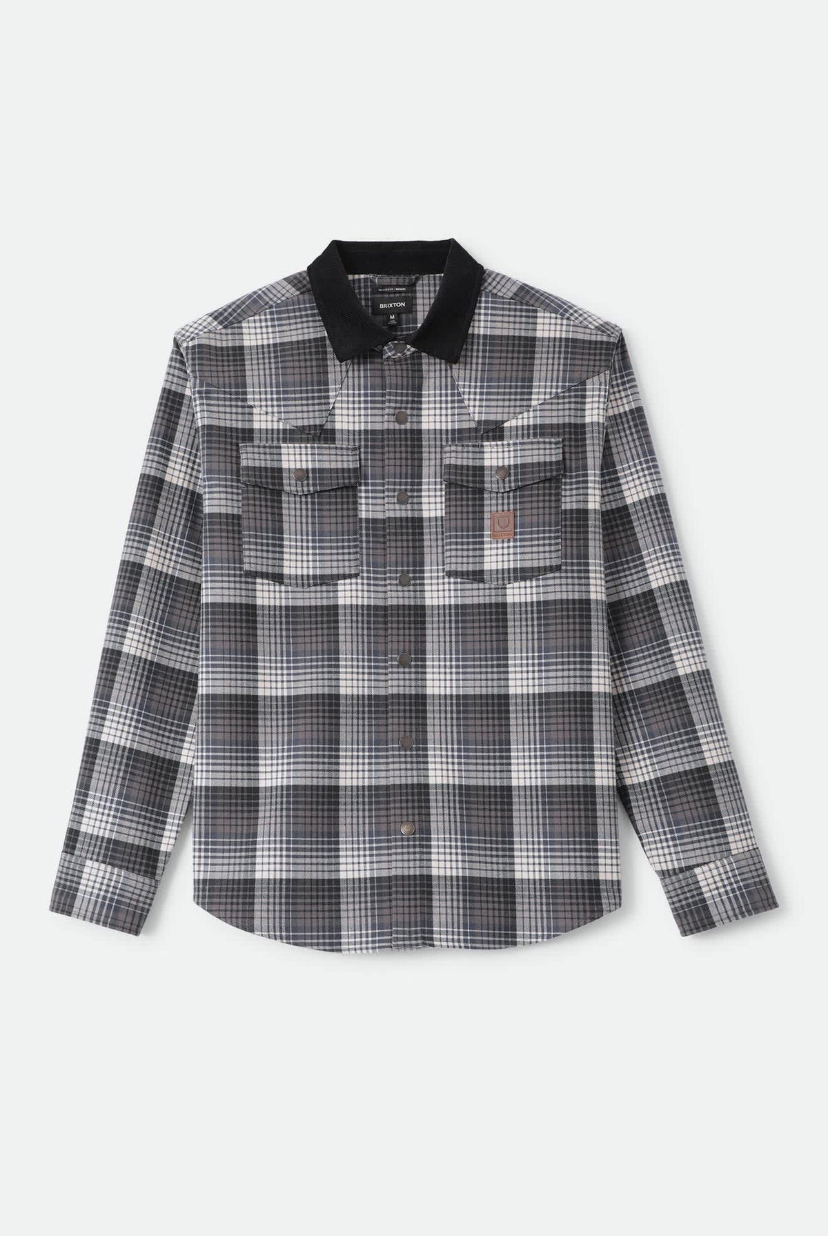 Men's Bowery Builders Ranch Performance Flannel in the color Black/Navy - Front Product Laydown Image