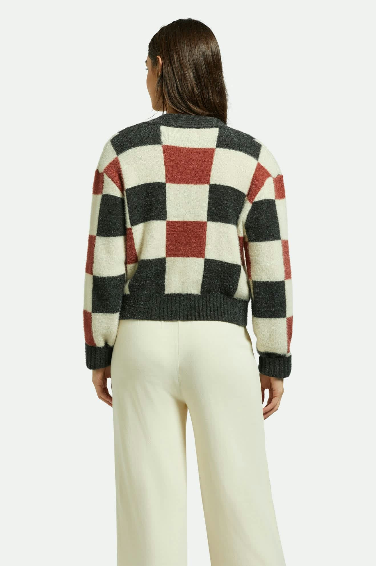 Women's Rivington Crew Cardigan in the color Cowhide/Whitecap/Black Check - Women's Back View