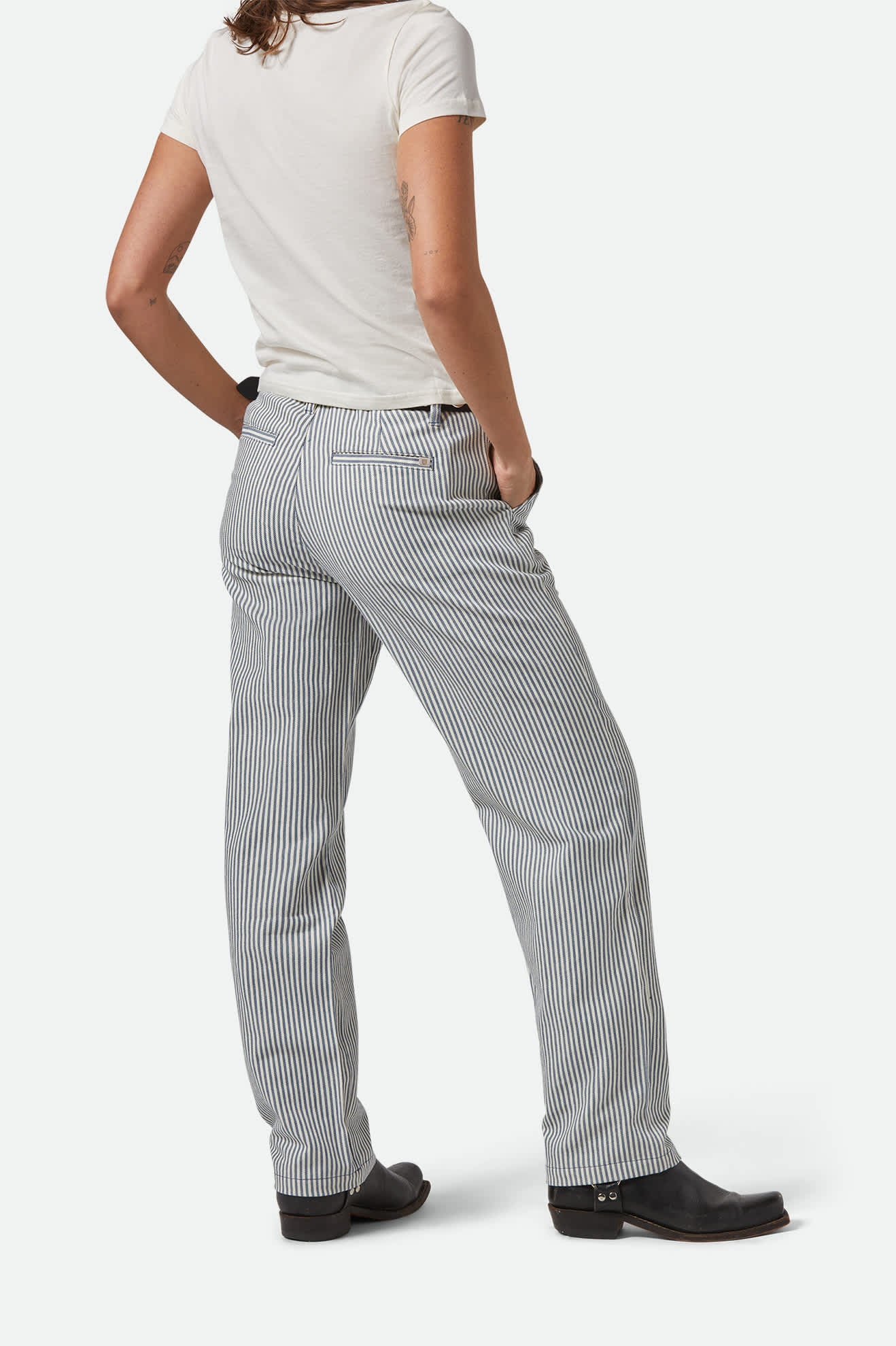 Women's Bedford Pant in the color Azure Blue Pinstripe - Women's Back View