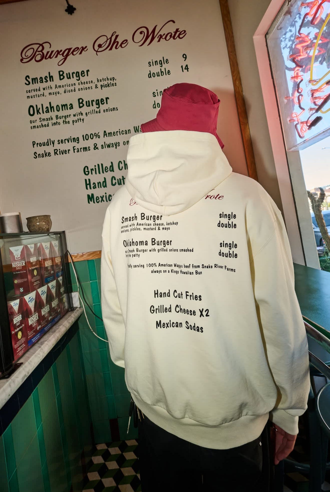 Men's Burger She Wrote Hood in the color Natural - Men's Back View