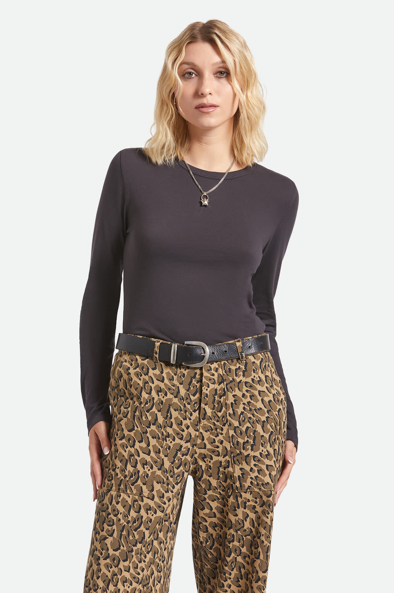 Women's Carefree Organic Garment Dye Slim L/S T-Shirt in the color Black - Women's Front View