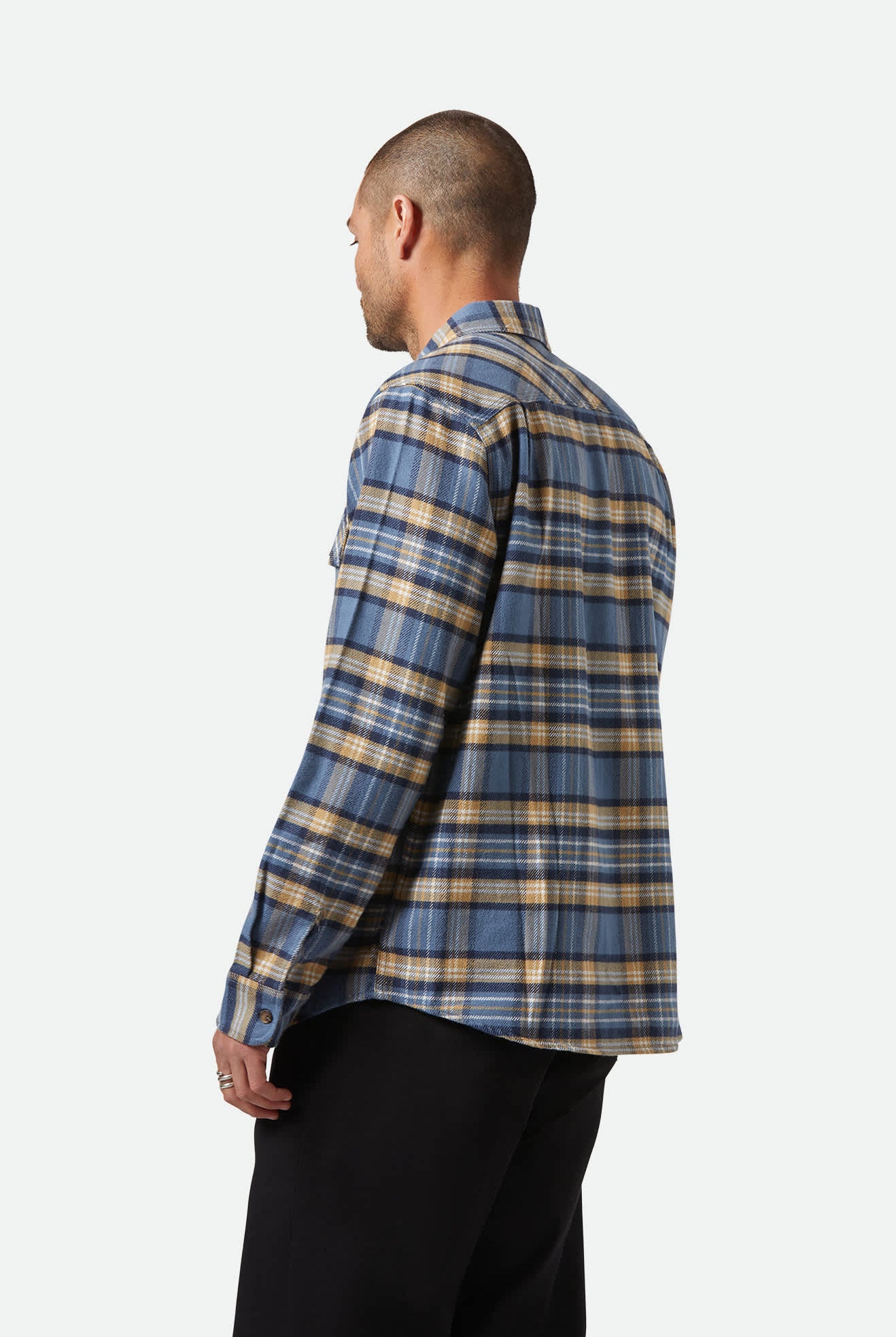 Men's Bowery L/S Flannel in the color Azure Blue/Washed Navy/Sand - Men's Back View
