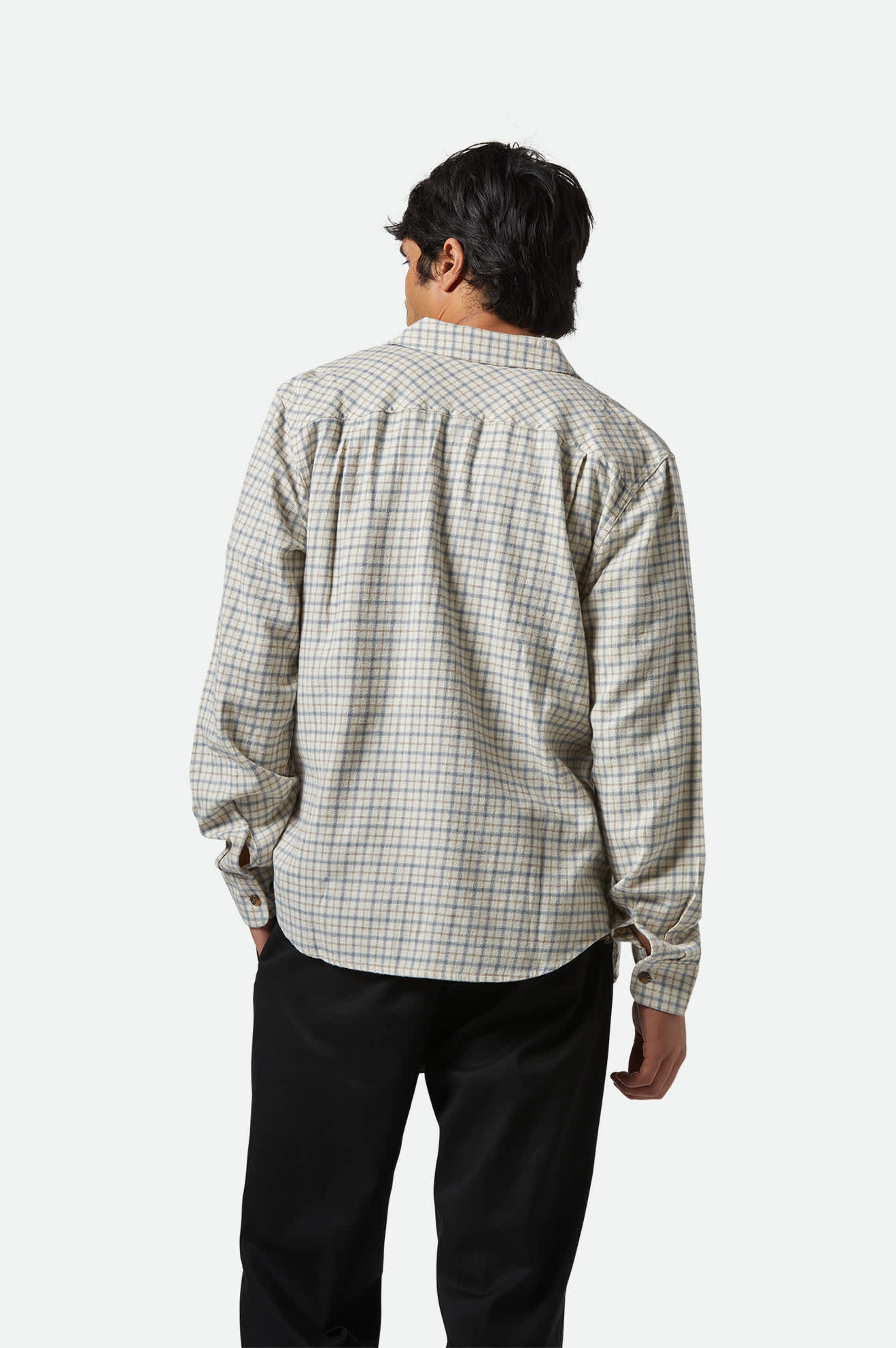 Men's Bowery Lightweight Ultra Soft L/S Flannel in the color Whitecap/Basalt - Men's Back View