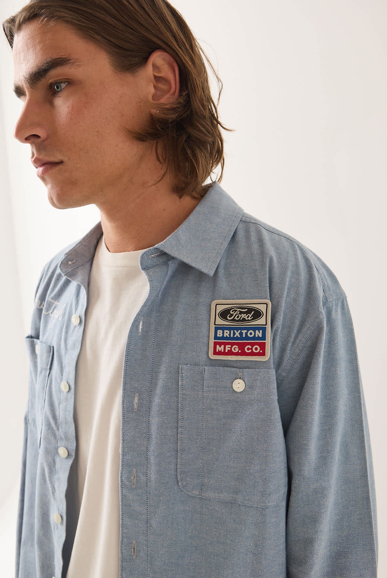 Men's Ford Service Dept Workshirt in the color Blue Chambray - Men's Side View