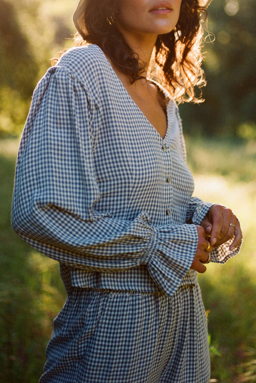 Women's The Meadow Blouse in the color Azure Blue Gingham - Men's Lifestyle image