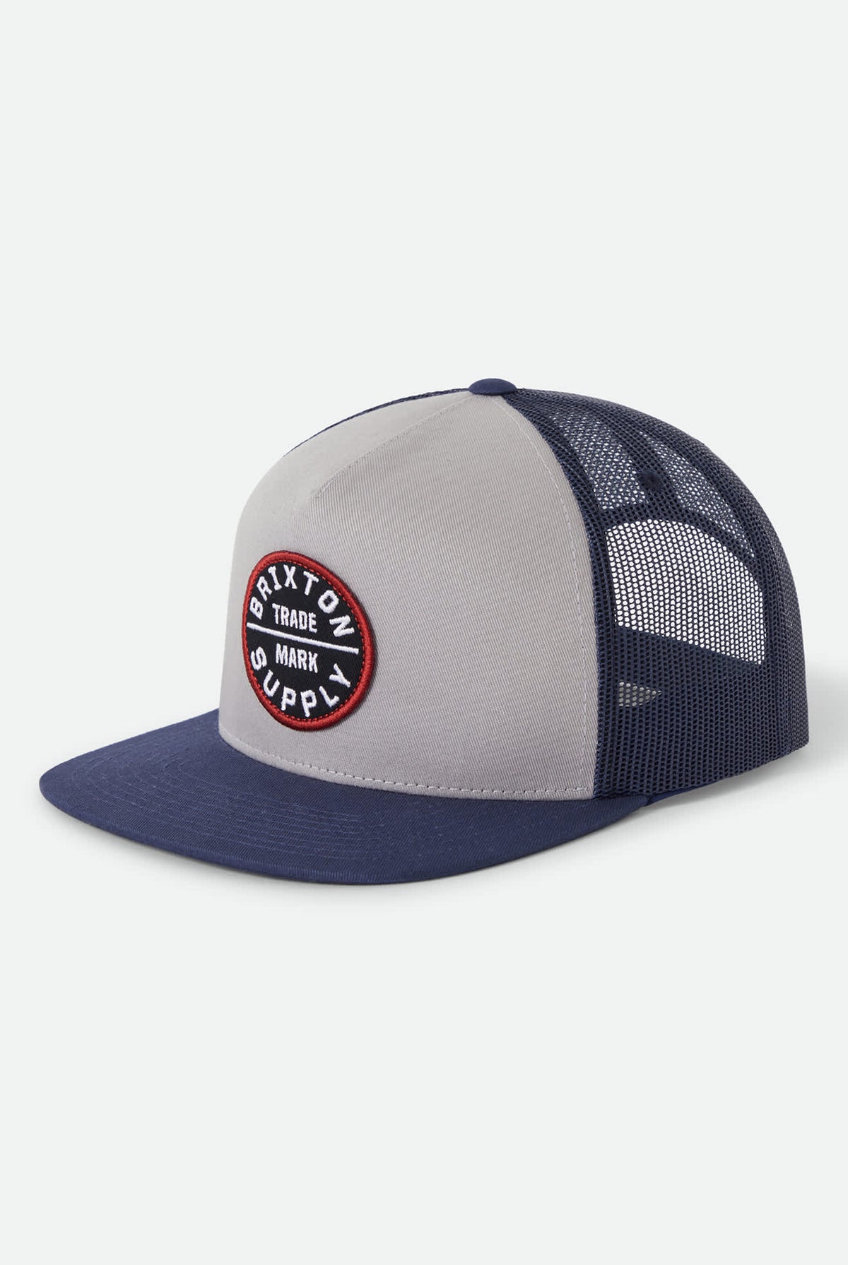 Unisex Oath Trucker Hat in the color Sustained Grey/Washed Navy - Front Product Laydown Image