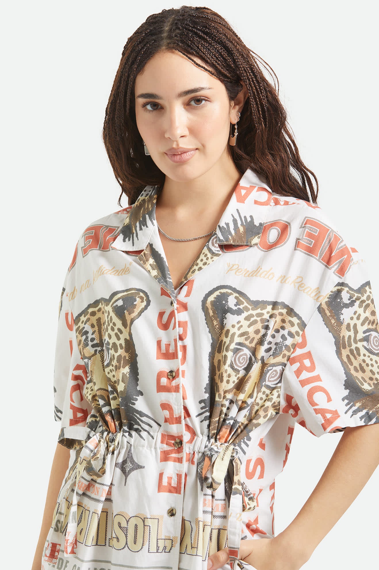 Women's The Cinch Button Down Short Sleeve Dress in the color Lost In Reality Print - Women's Front View