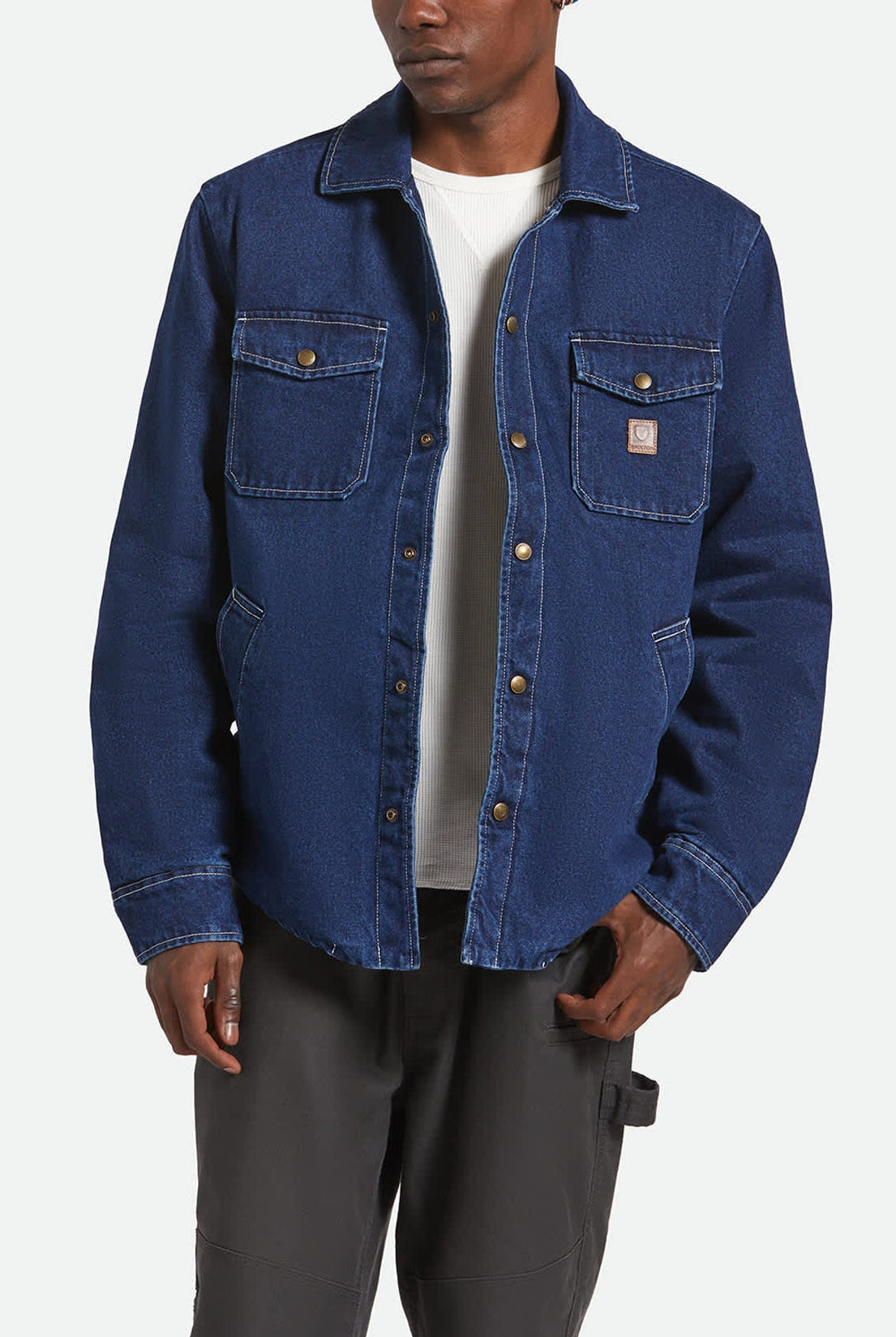 Men's Durham Sherpa Lined Jacket in the color Medium Wash Denim - Men's Front View