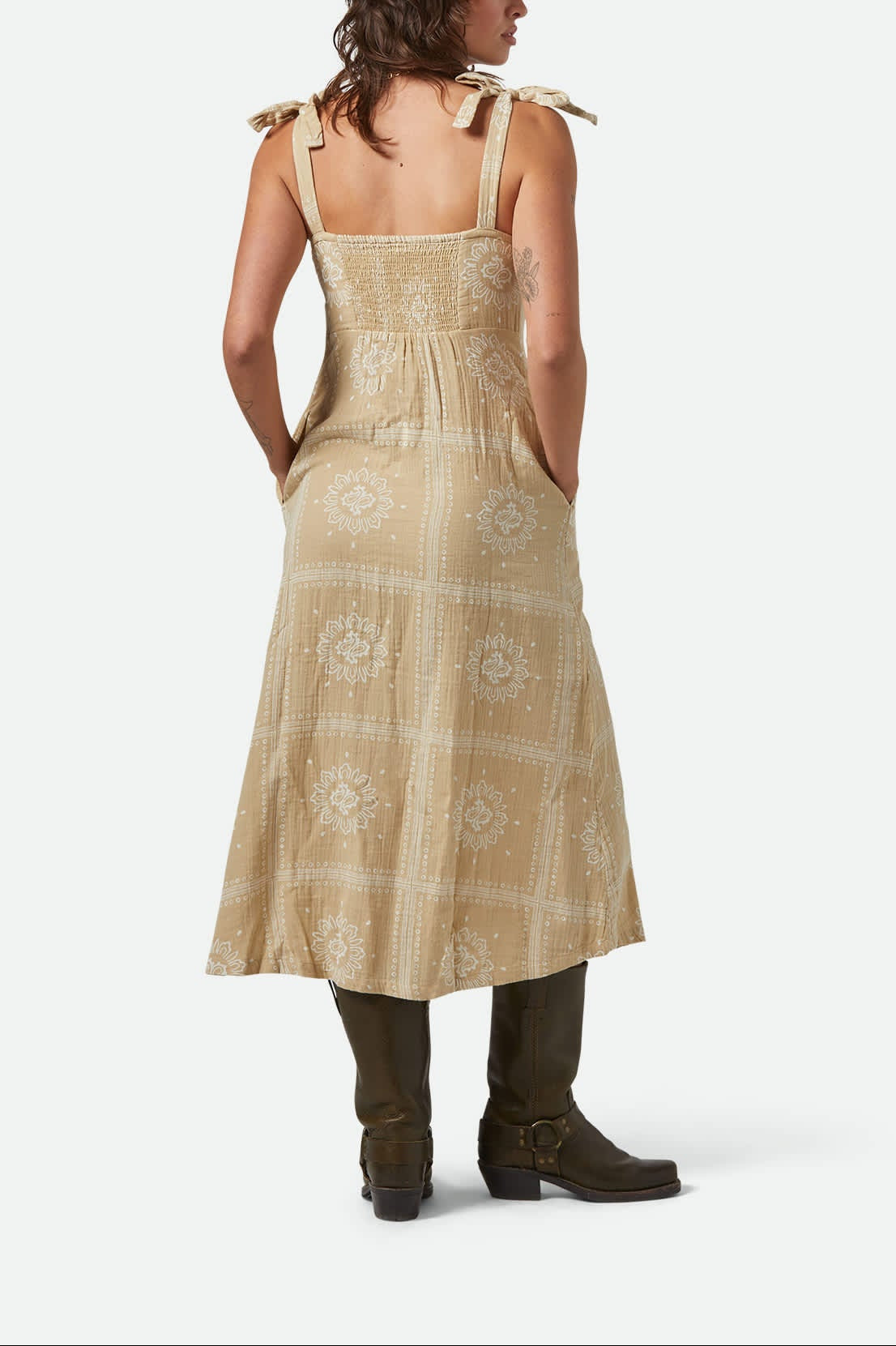 Women's Wandering Tie Dress in the color Pale Khaki Bandana - Women's Back View