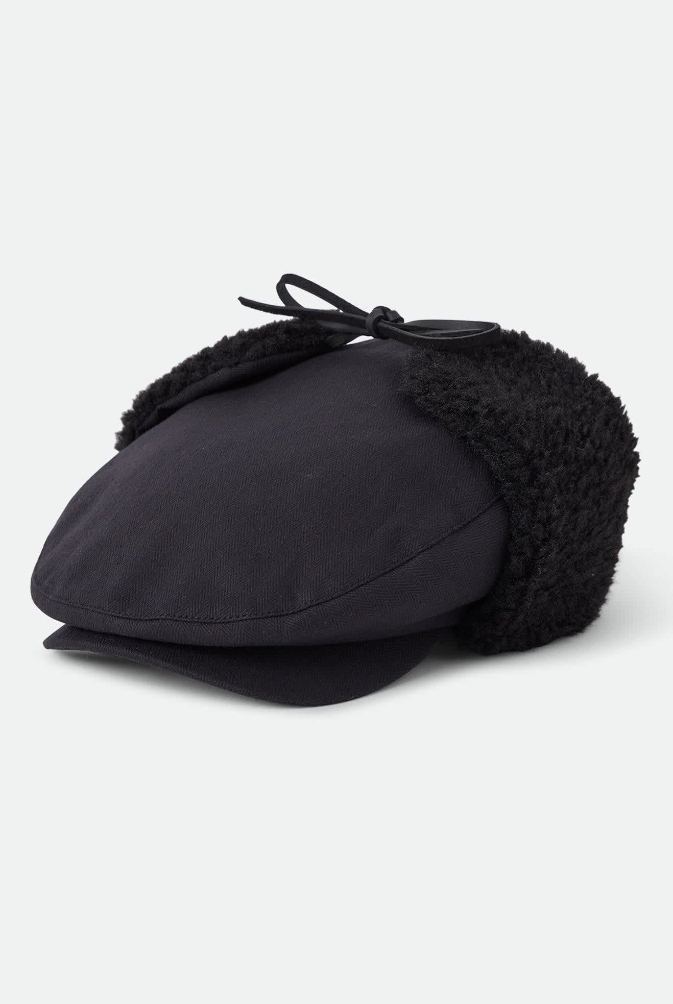 Unisex Barrel Earflap Snap Cap in the color Black/Black - Front Product Laydown Image