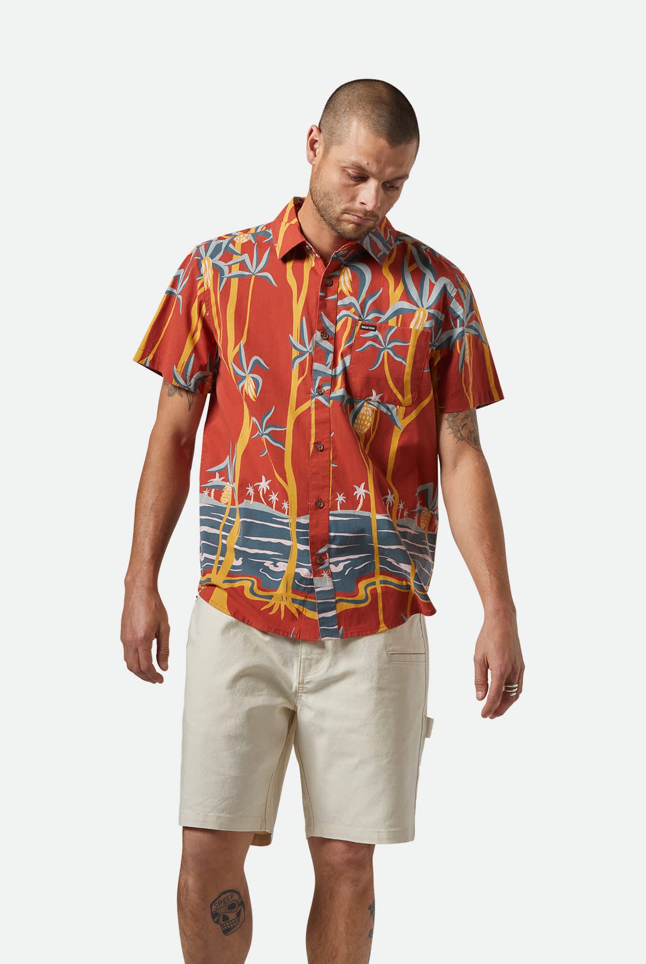 Men's Charter Print S/S Shirt in the color Dark Red Scenic Trip - Men's Front View