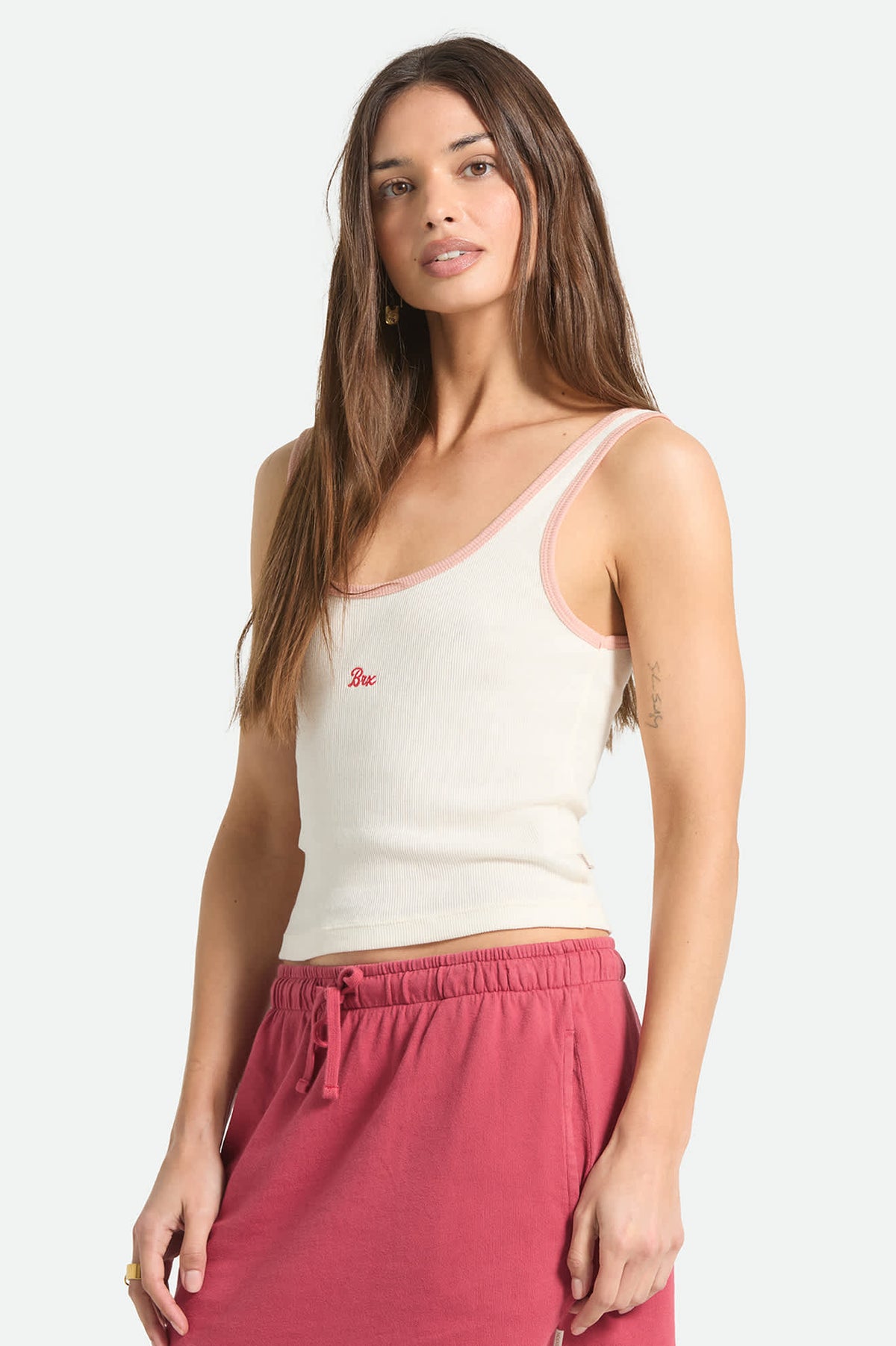 Women's Ringer Organic A-Tank in the color Off White/Silver Pink - Women's Side View