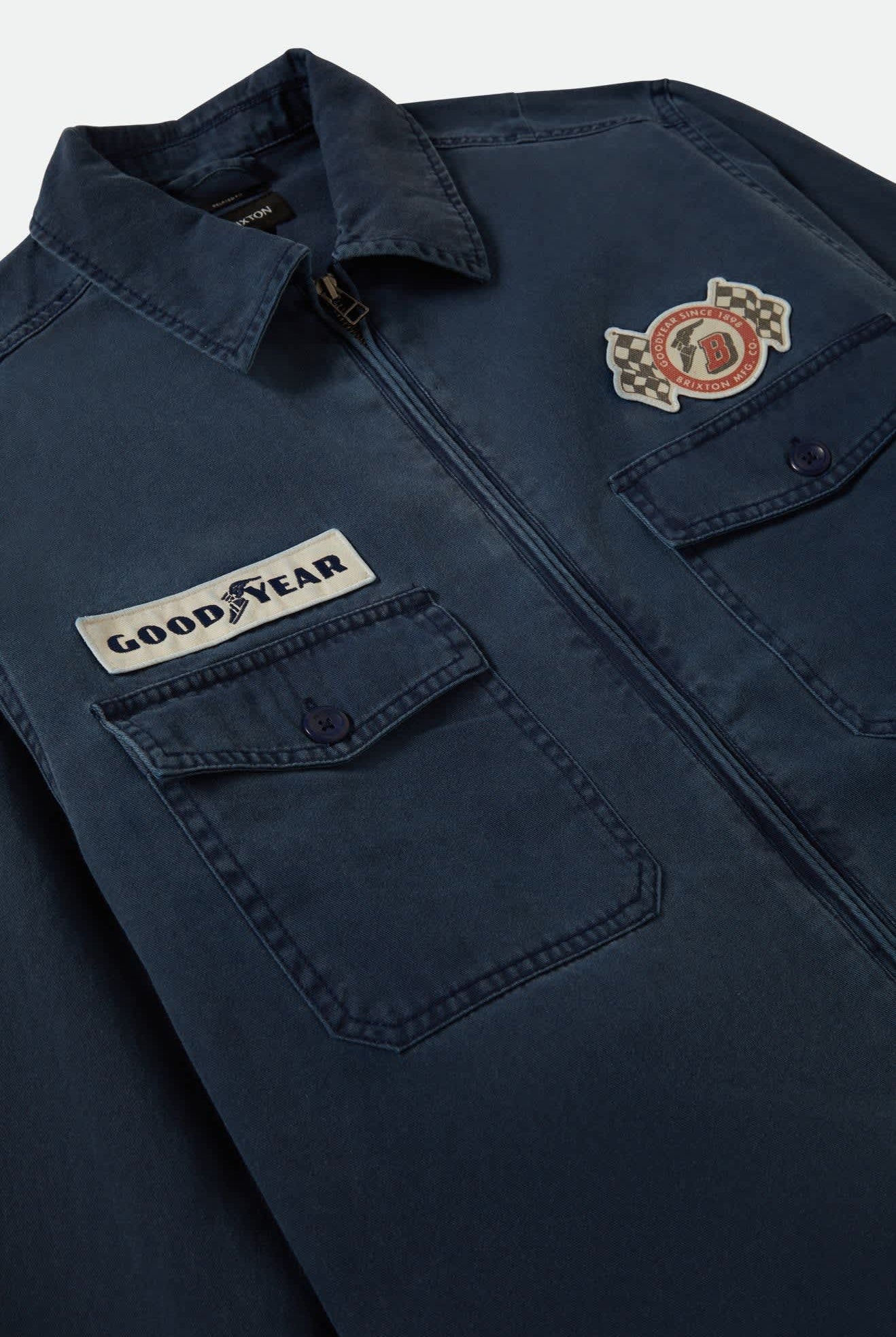 Men's Goodyear Trademark Lightweight Coaches Jacket in the color Washed Navy - Additional Laydown image