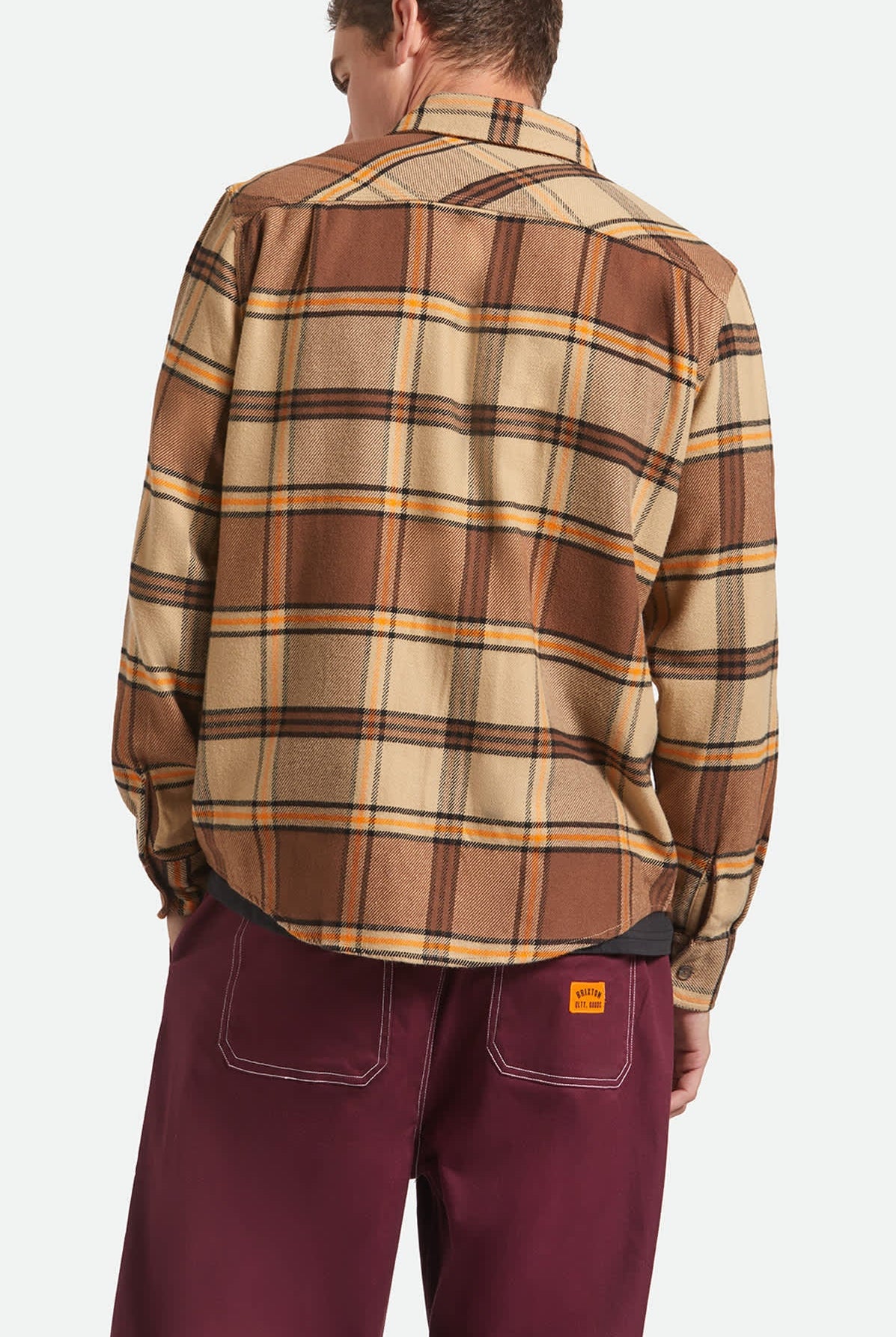 Men's Bowery L/S Flannel in the color Sand/Pinecone/Solar Orange - Men's Back View