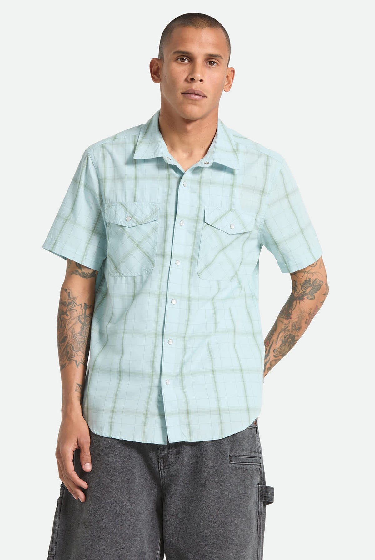 Men's The Breezy Wayne Short Sleeve Shirt in the color Seafoam Plaid - Men's Front View
