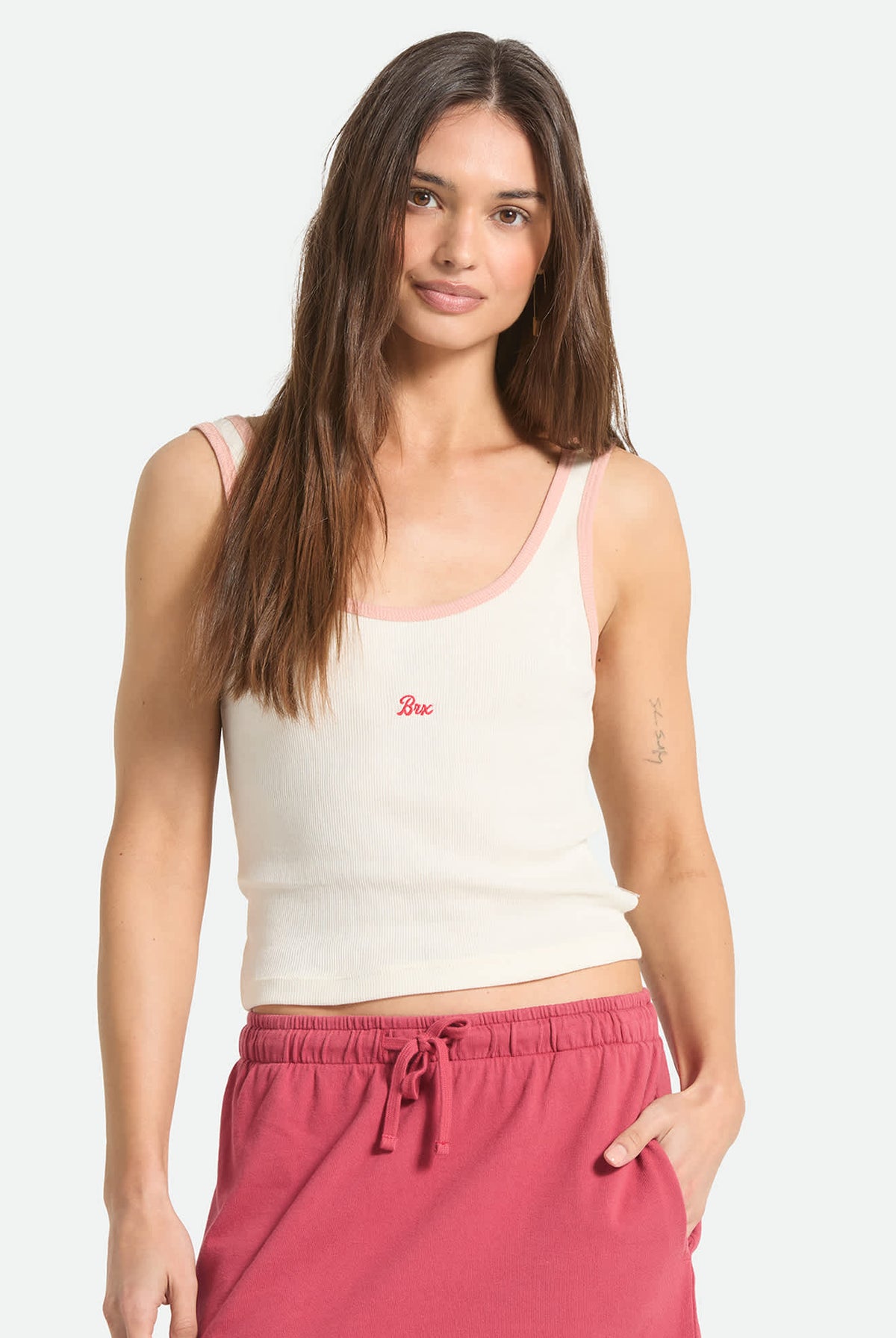 Women's Ringer Organic A-Tank in the color Off White/Silver Pink - Women's Front Fit Image