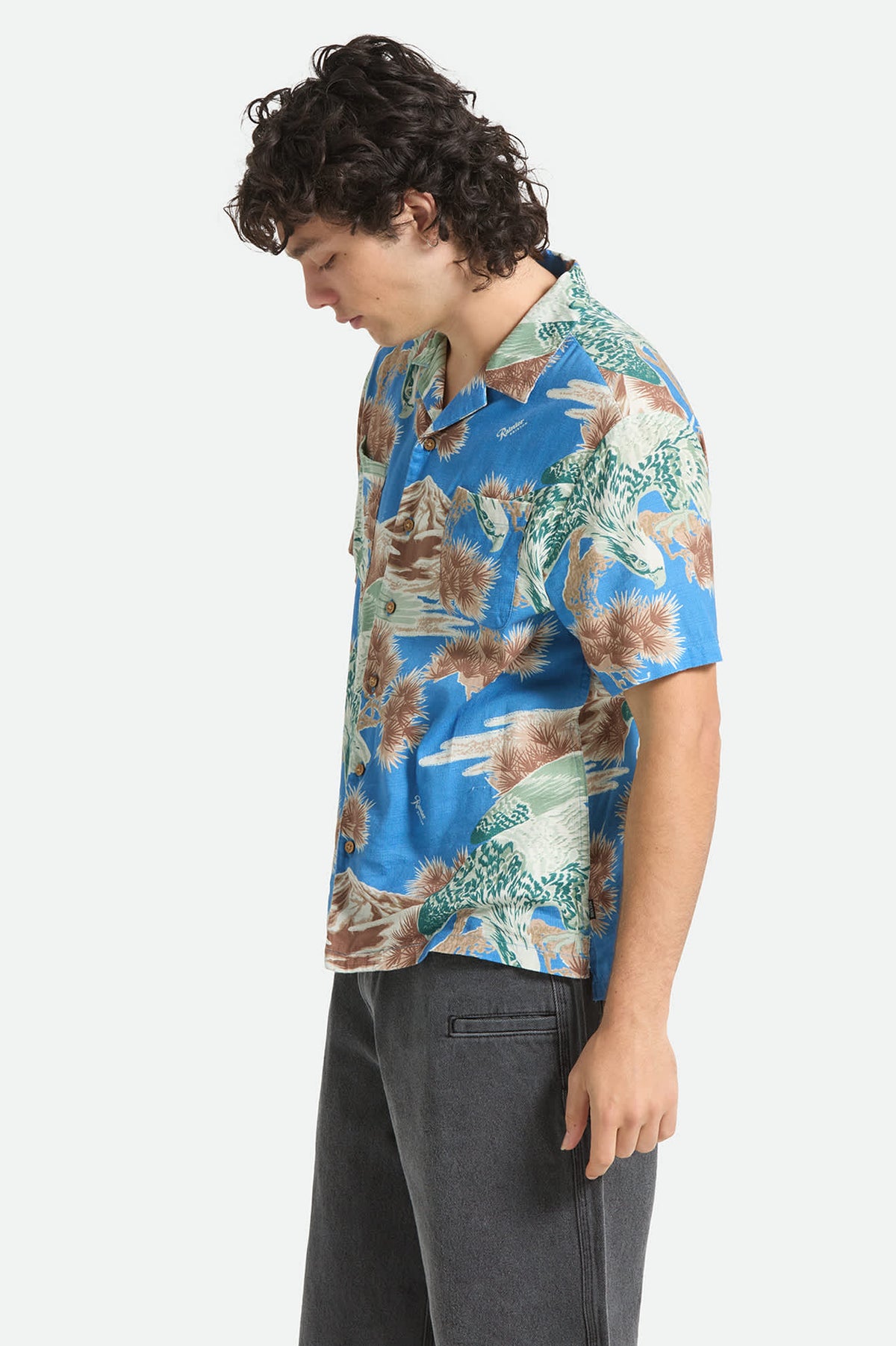 Men's Rainier X Brixton Short Sleeve Shirt in the color Blue Sky - Men's Side View