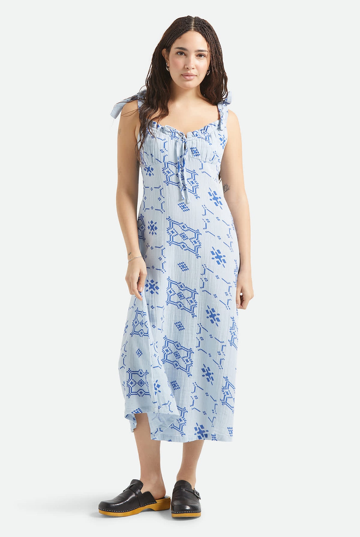 Women's The Tie Dress in the color Aura Blue Tile Print - Additional Fit image