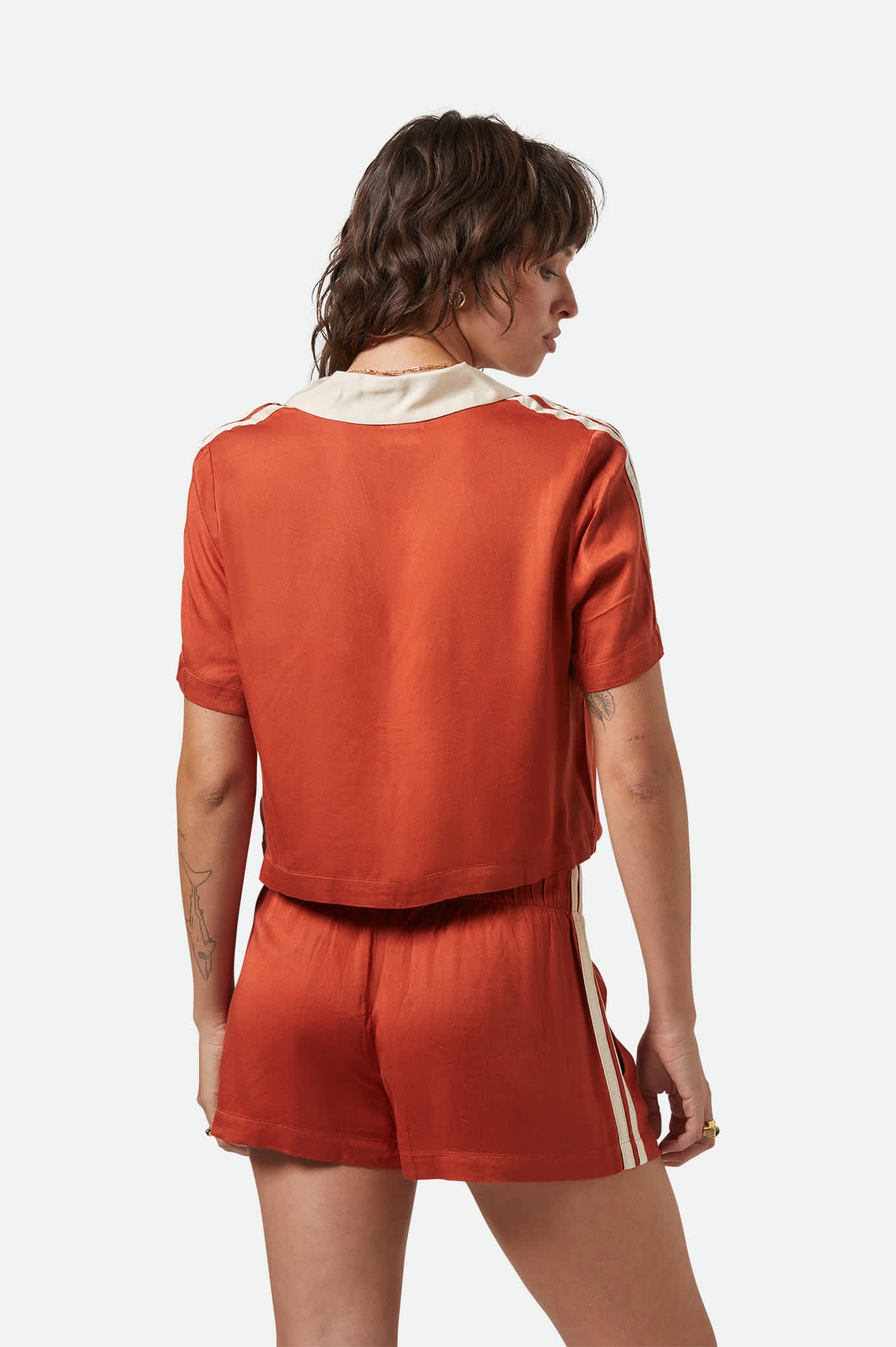 Women's Silky S/S Bowling Button Down in the color Burnt Brick - Women's Back View