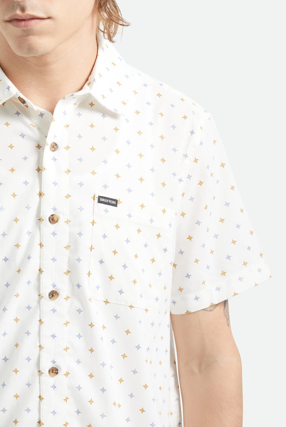 Men's Charter Print Short Sleeve Shirt in the color Off White/Multi Diamond Tile - Additional Fit image