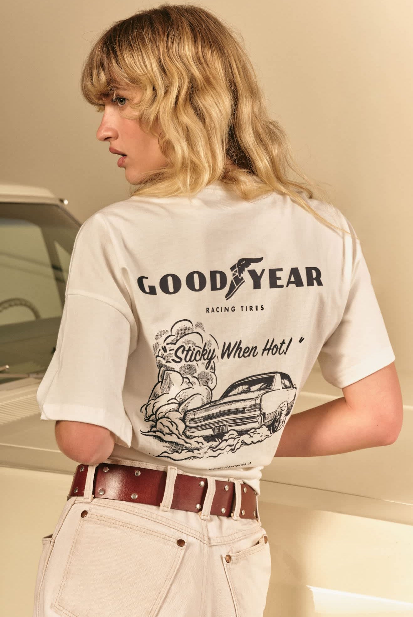 Women's Goodyear Burnout Boxy Crew T-Shirt in the color Off White - Women's Back View