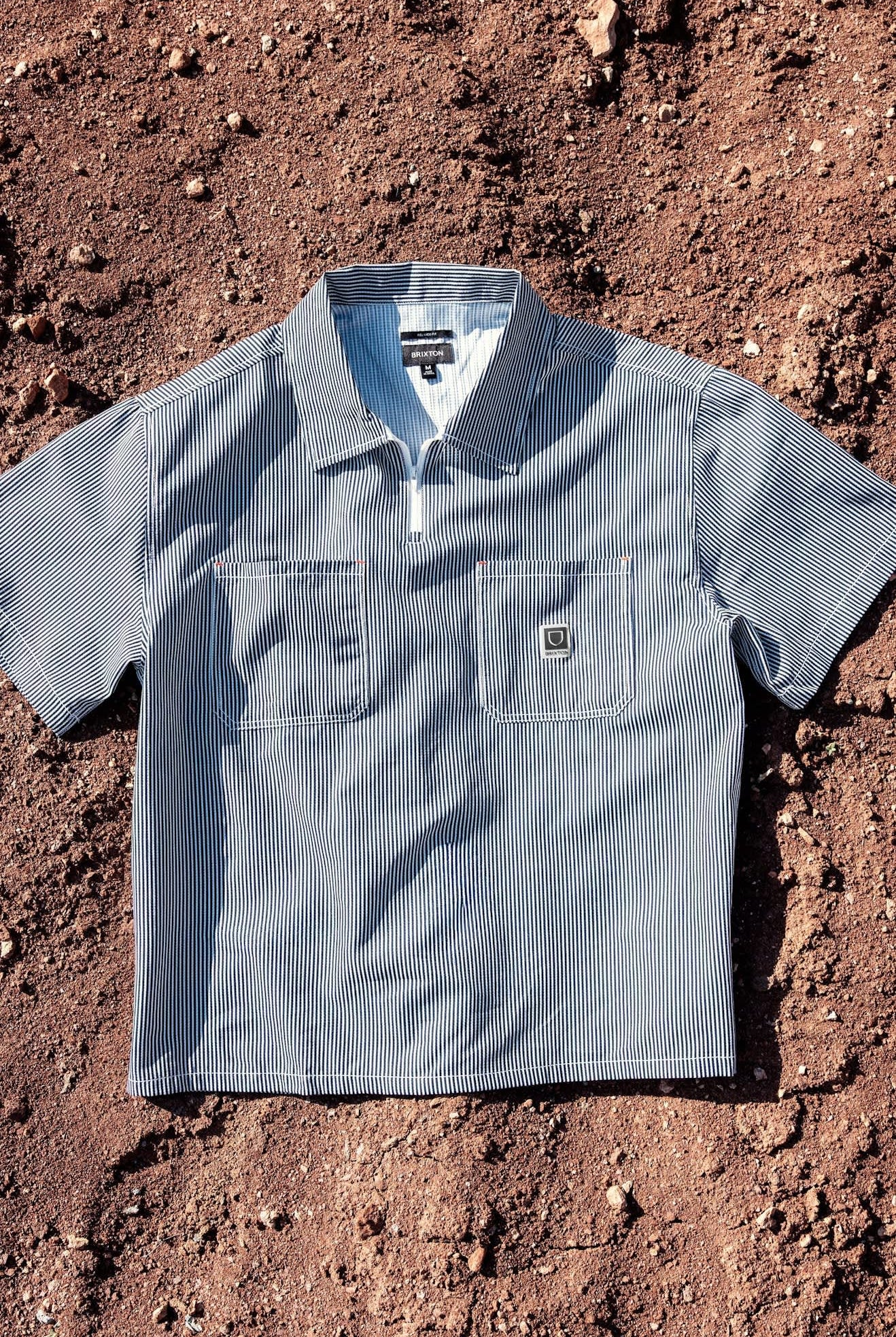 Men's Journey Lightweight 1/2 Zip Cropped Short Sleeve Shirt in the color Navy/White Stripe - Additional Laydown image