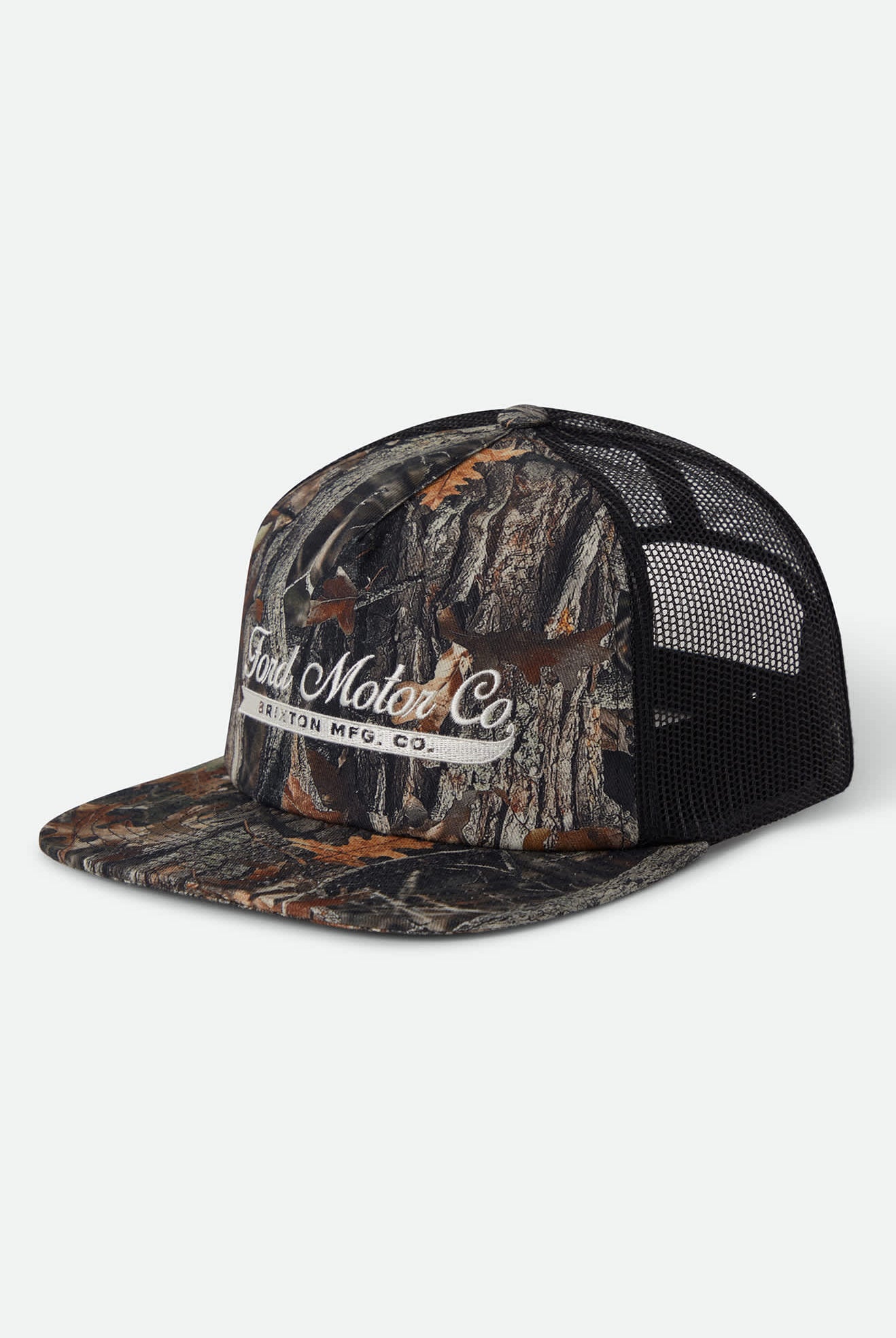 Unisex Ford X Brixton Trucker Hat in the color Boxwood Green - Front Product Laydown Image