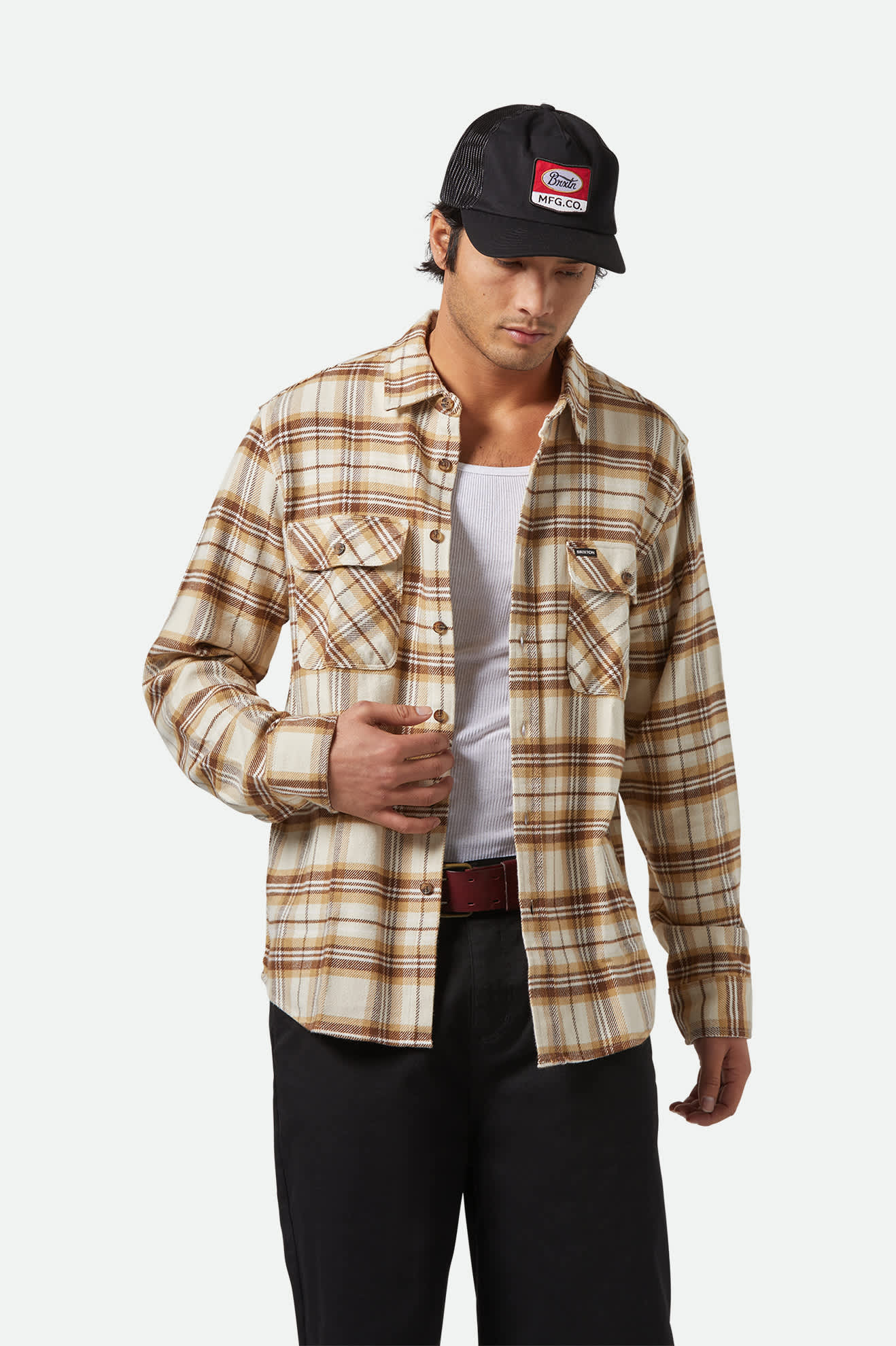 Men's Bowery L/S Flannel in the color Whitecap/Sand/Pinecone Brown - Men's Front View