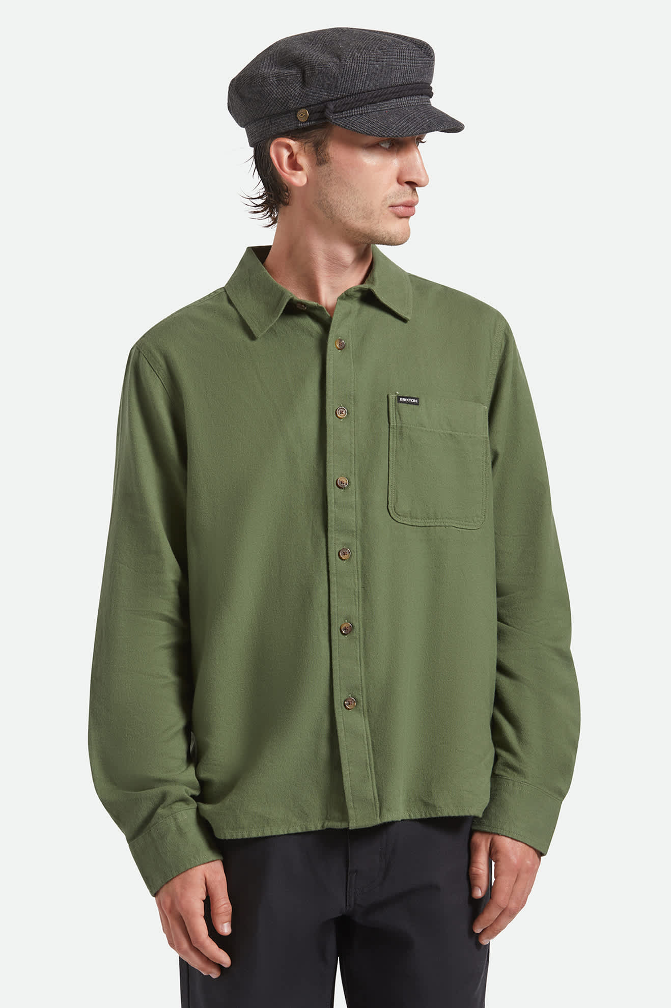 Unisex Fiddler Fisherman Cap in the color Grey Shadow Plaid - Men's Side View