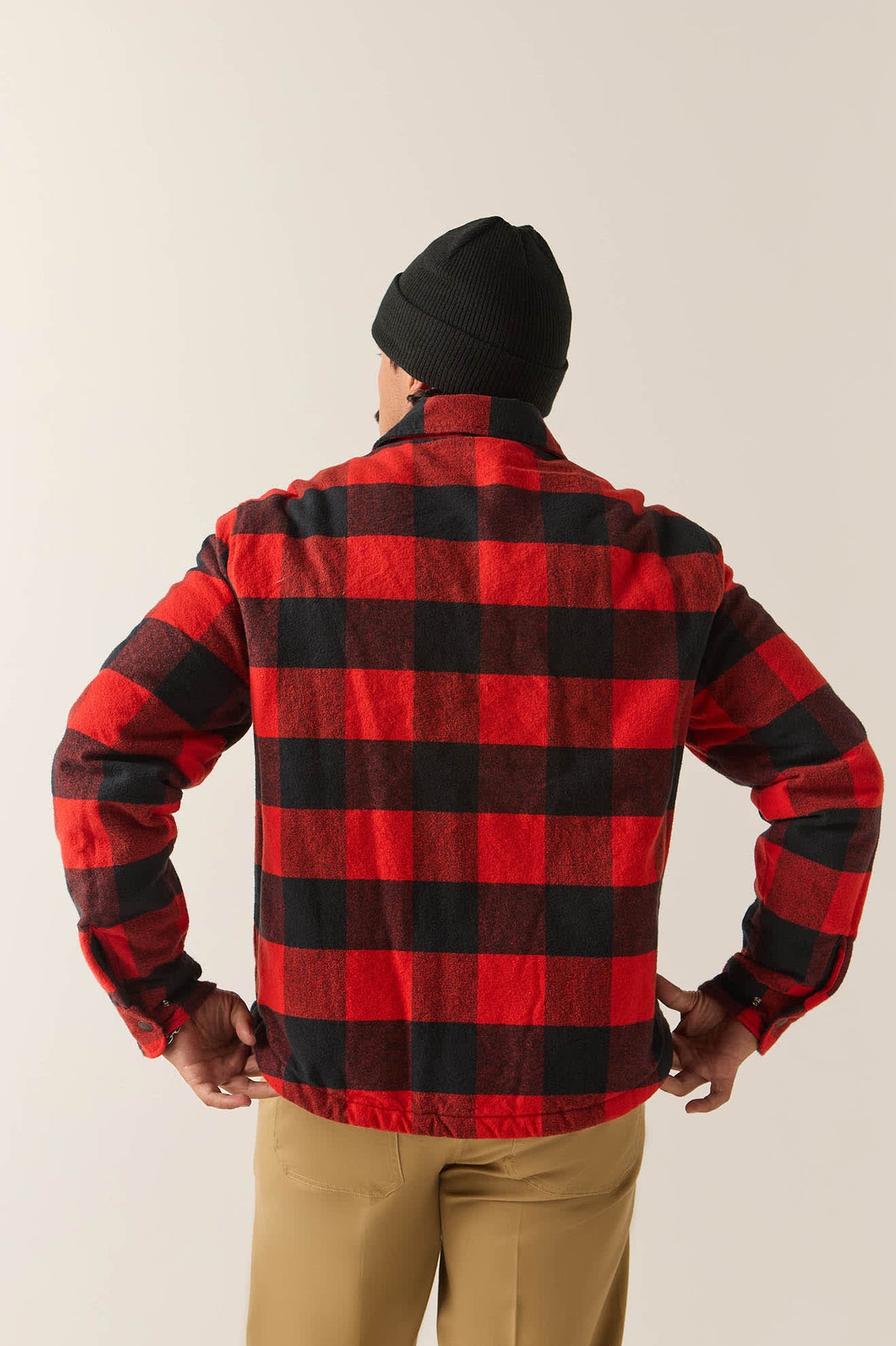 Men's Durham Lined Jacket in the color Red/Black Buffalo Plaid - Men's Back View