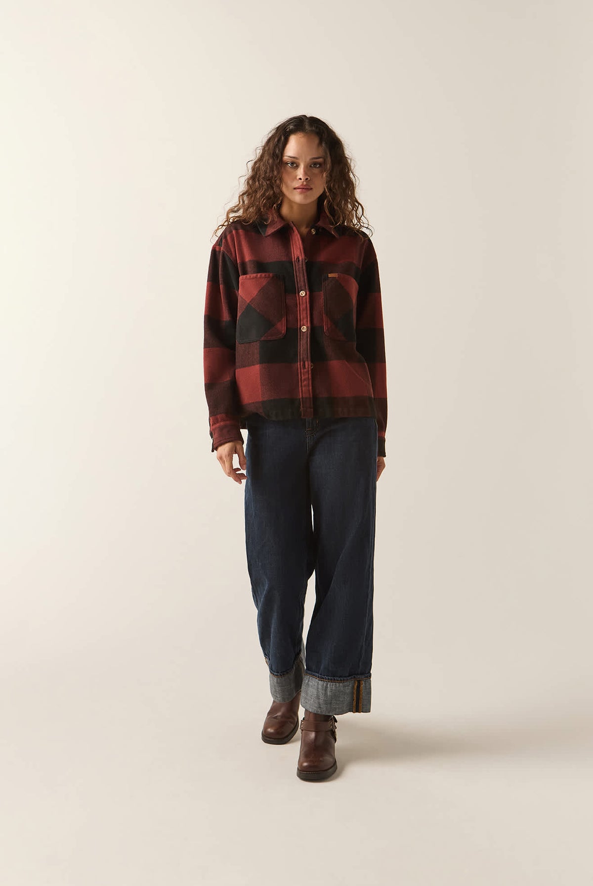 Women's Bowery Women's Soft Brushed Flannel in the color Dark Brick/Black - Additional Fit image