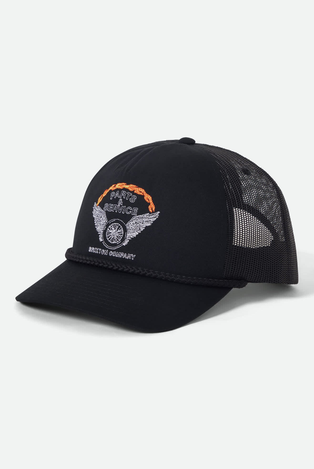 Unisex Leeway Trucker Hat in the color Black/Black - Front Product View