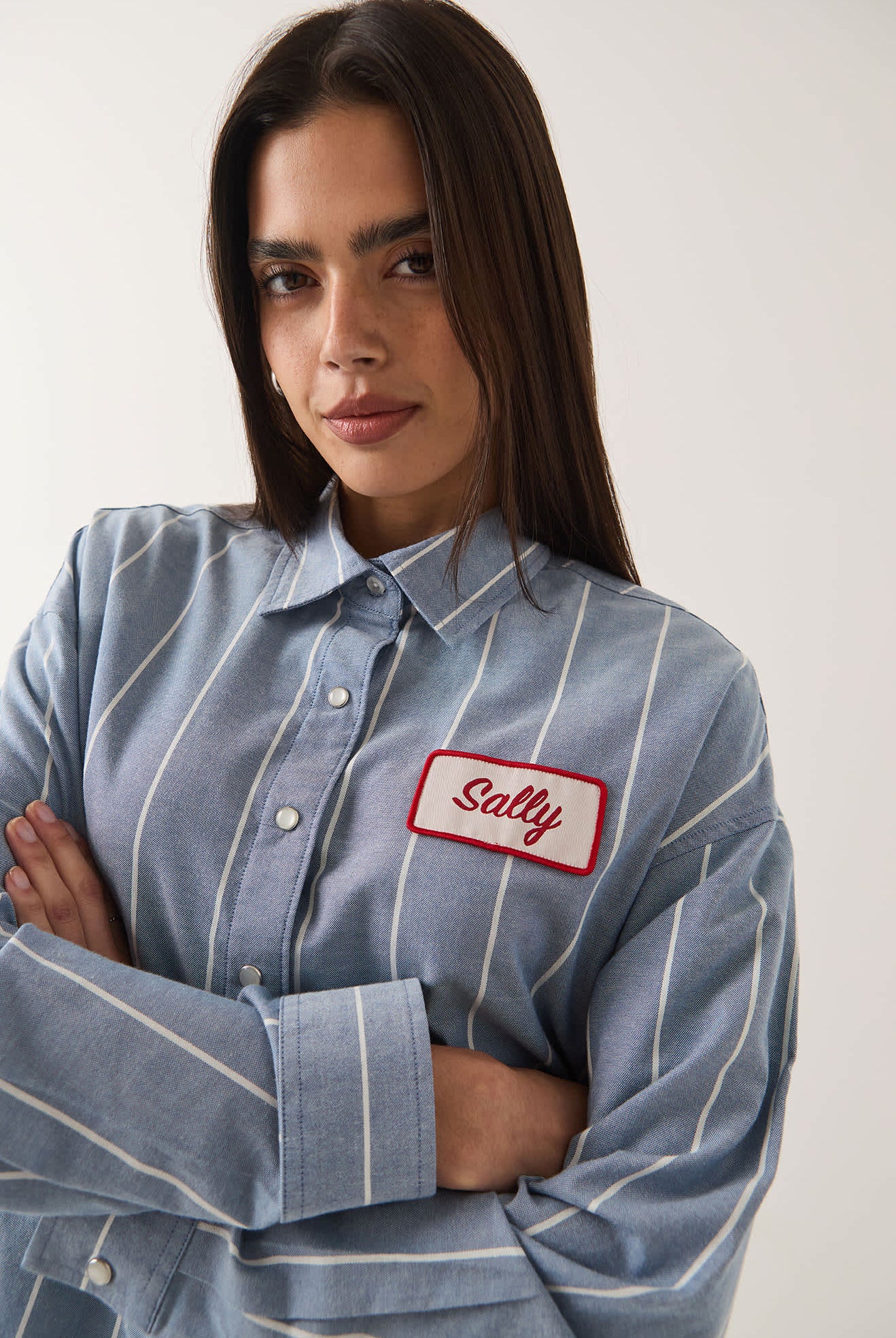 Women's Ford Mustang Sally Shirt in the color Blue Chambray/Stripe - Additional Fit image