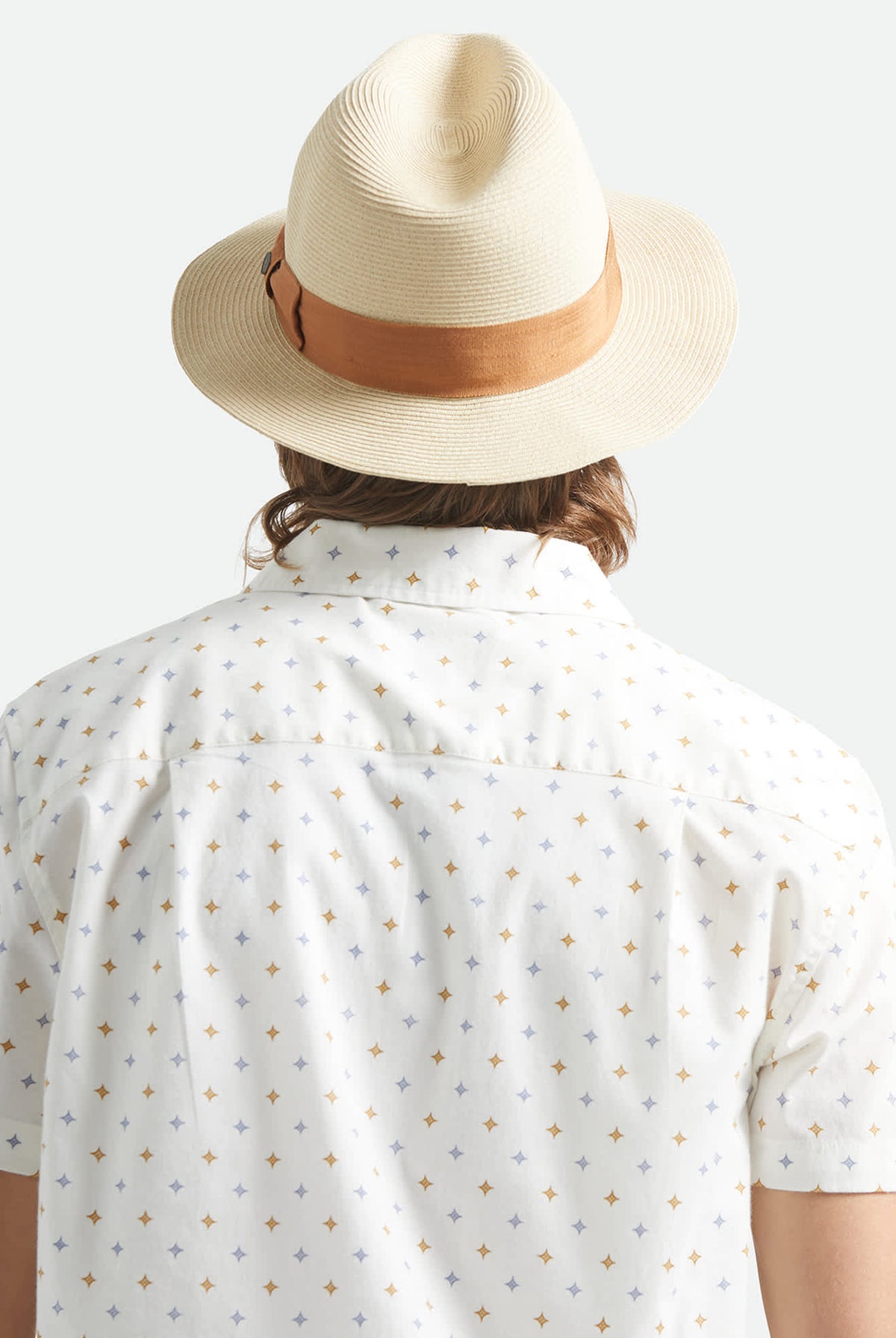 Unisex Roma Straw Packable Fedora in the color Natural/Bronze - Men's Back View