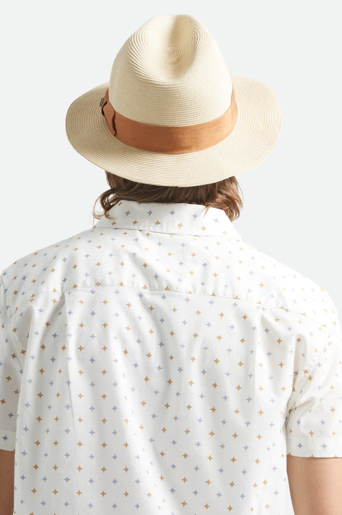Unisex Roma Straw Packable Fedora in the color Natural/Bronze - Men's Back View