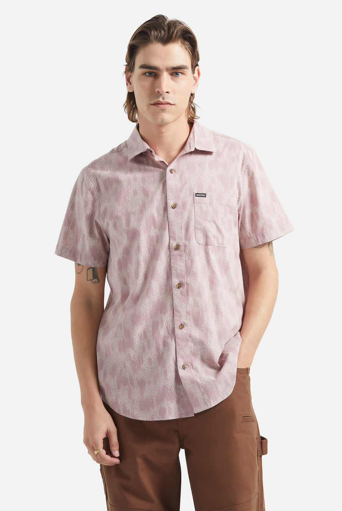 Men's Charter Print Short Sleeve Shirt in the color Dark Pink/Silver Crackle Paint - Men's Front View