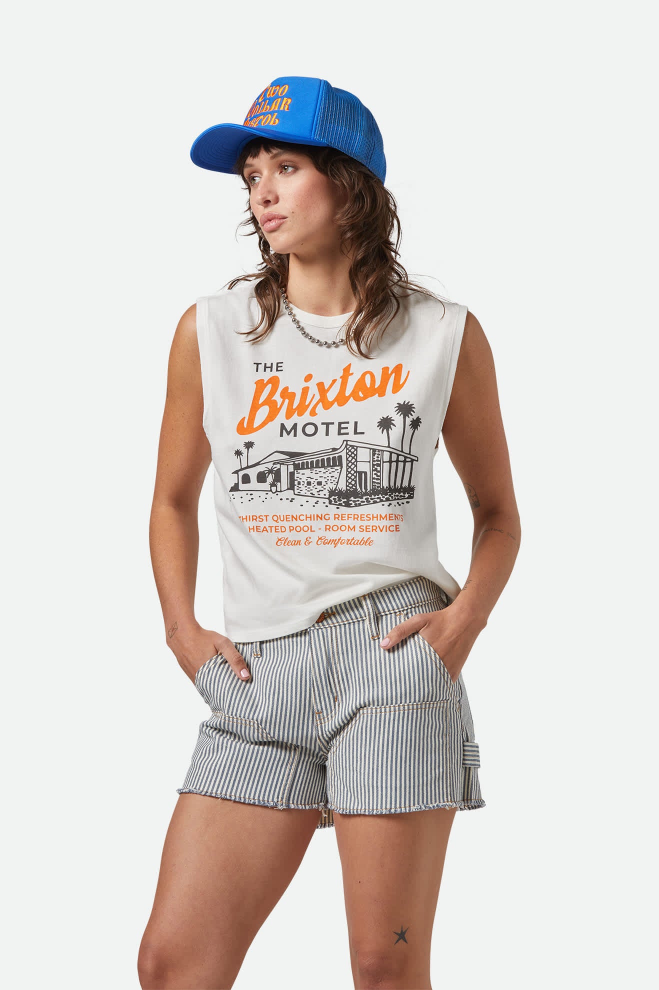 Women's Brixton Motel Muscle Tank in the color Off White - Women's Front View