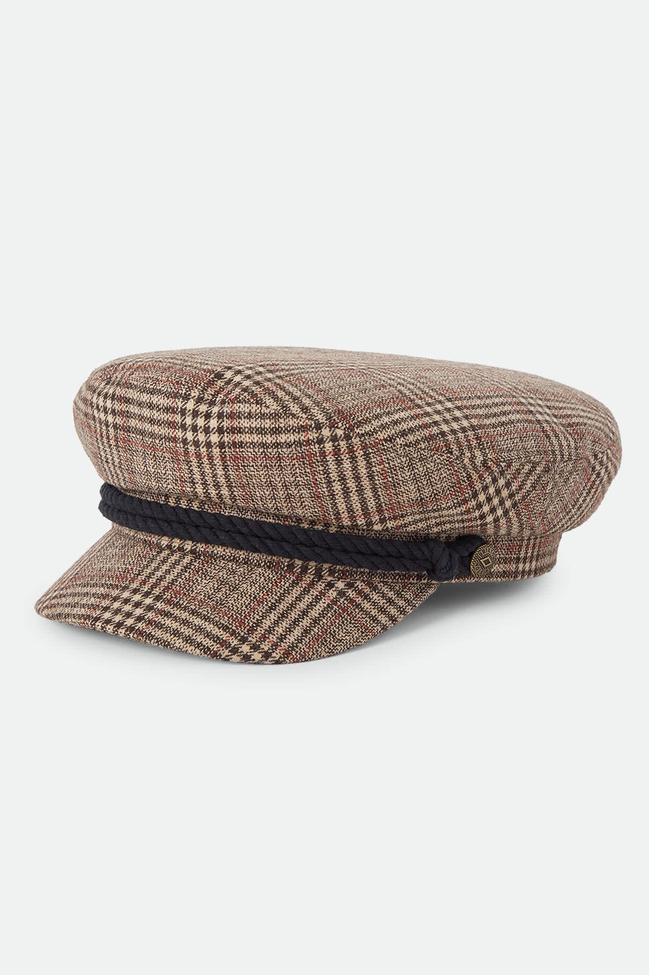 Unisex Fiddler Fisherman Cap in the color Brown/Tan/Red Plaid - Front Product Laydown Image