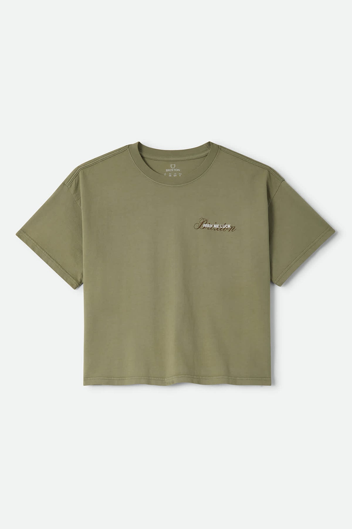 Women's Wish Me Luck Boxy Crop T-Shirt in the color Olive Surplus - Front Product Laydown Image