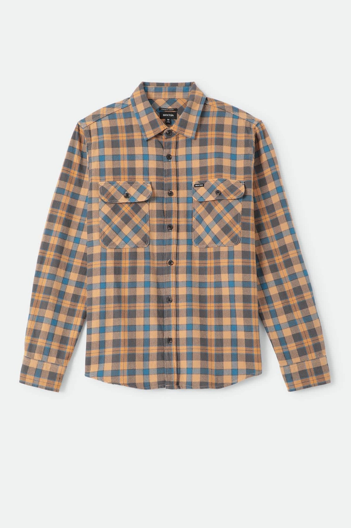 Men's Bowery Flannel in the color Khaki/Blue - Front Product Laydown Image