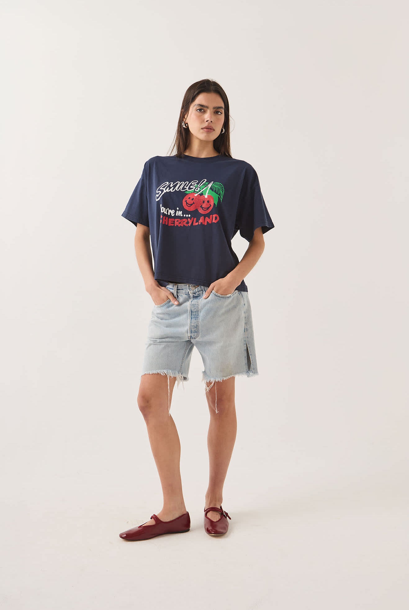 Women's Cherryland Boxy Cropped Crew in the color Washed Navy - Women's Front Fit Image