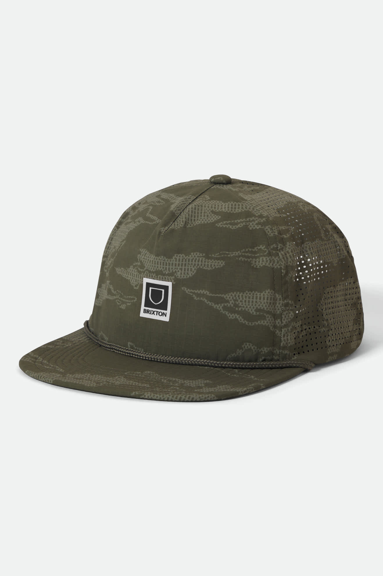 Unisex Journey Performance Snapback in the color Olive Tiger Camo - Front Product Laydown Image
