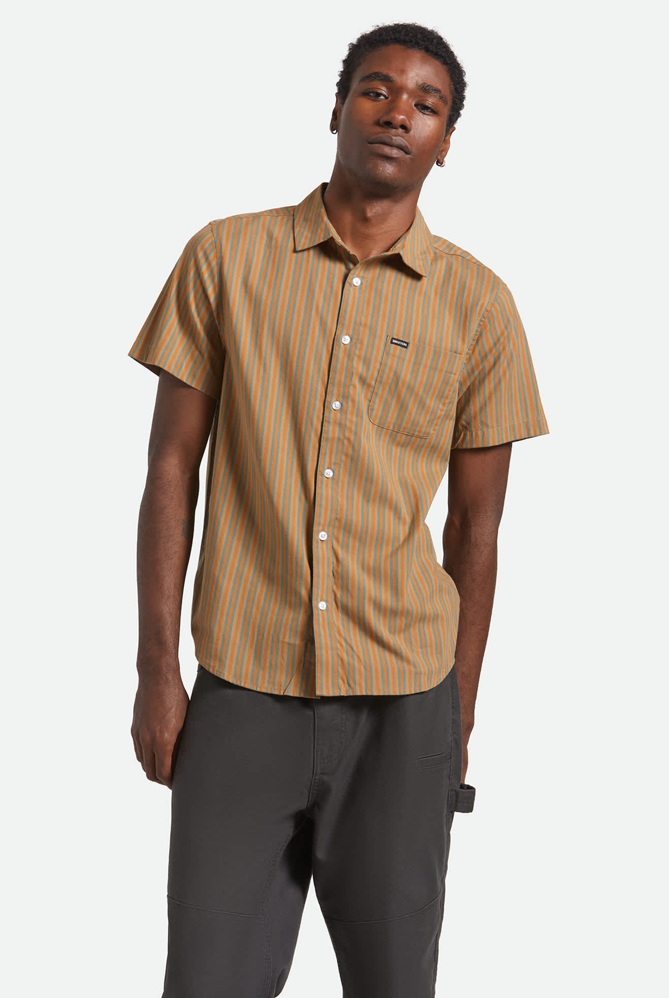 Men's Charter Stripe S/S Shirt in the color Rustic Caramel/Night Sage - Men's Front View