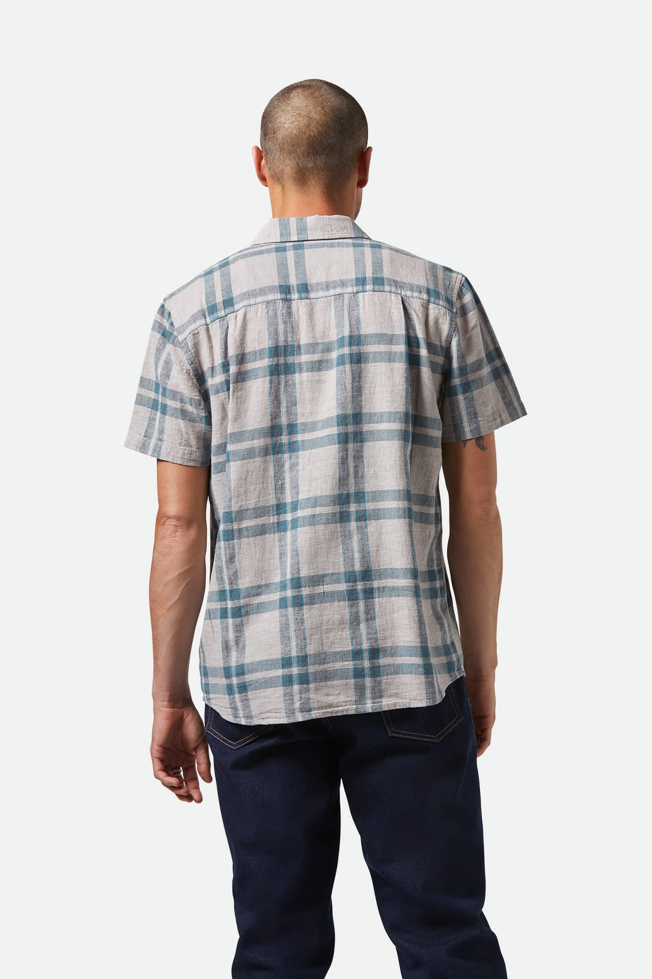Men's Charter Linen Blend S/S Shirt in the color Beige/Azure Blue Plaid - Men's Side View
