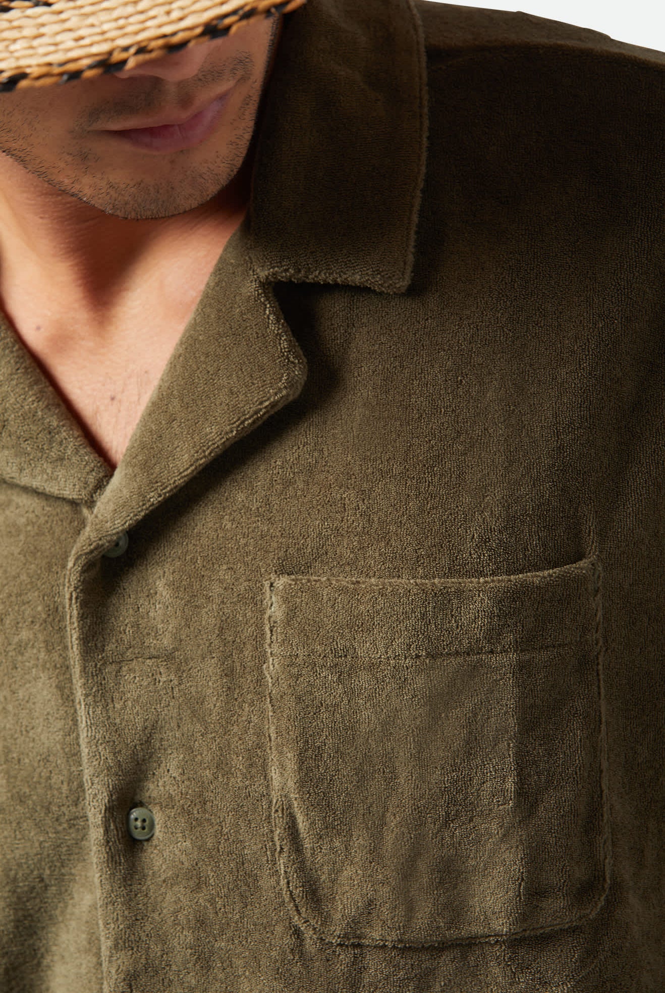 Men's Bunker French Terry Cloth S/S Camp Collar Shirt in the color Ivy Green - Additional Fit image