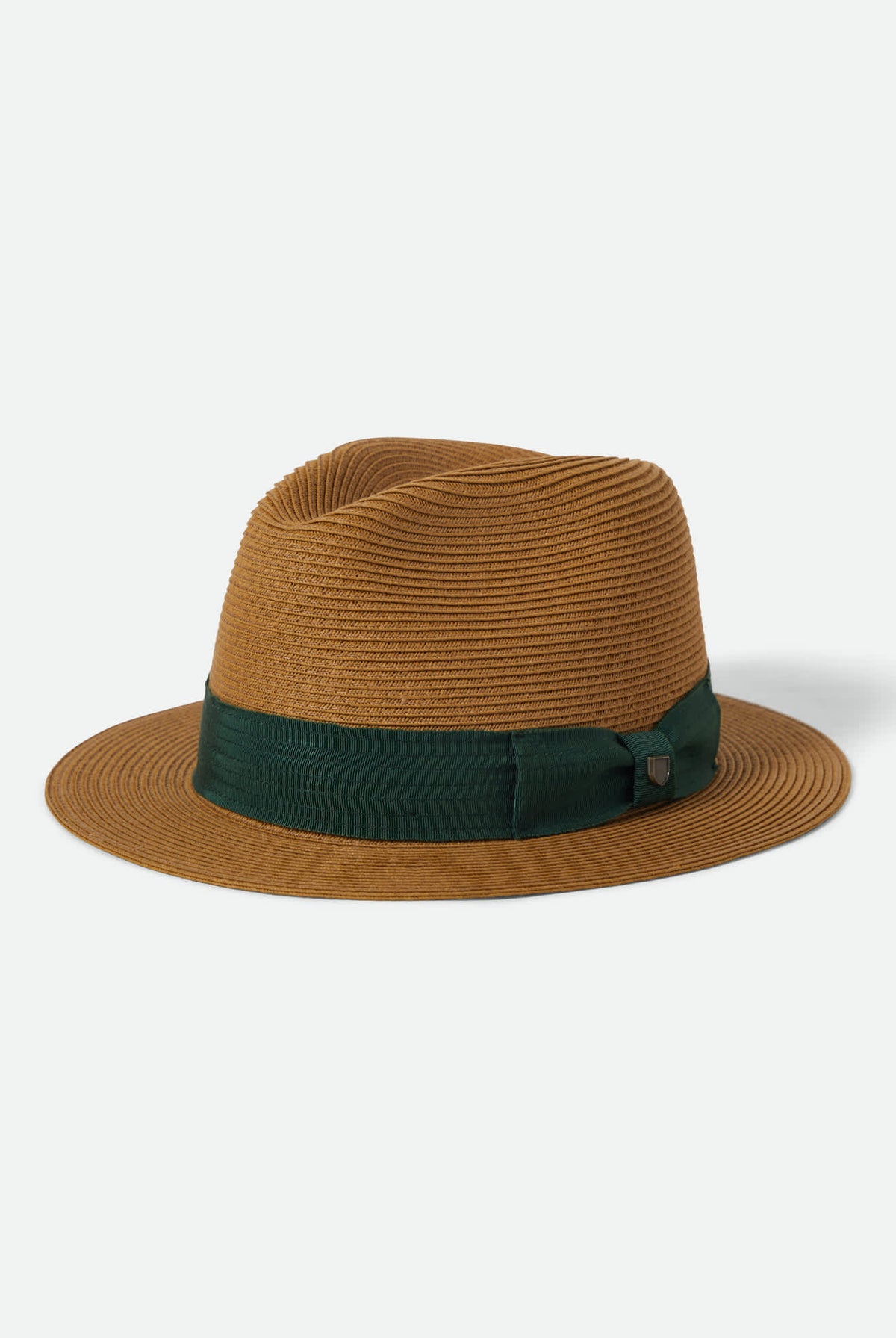 Unisex Roma Straw Packable Fedora in the color Dark Tan/Primal Green - Front Product View