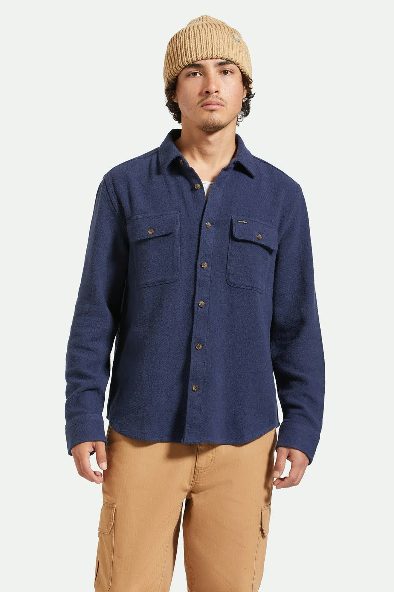 Men's Bowery Textured Loop Twill L/S Overshirt in the color Washed Navy - Men's Front View