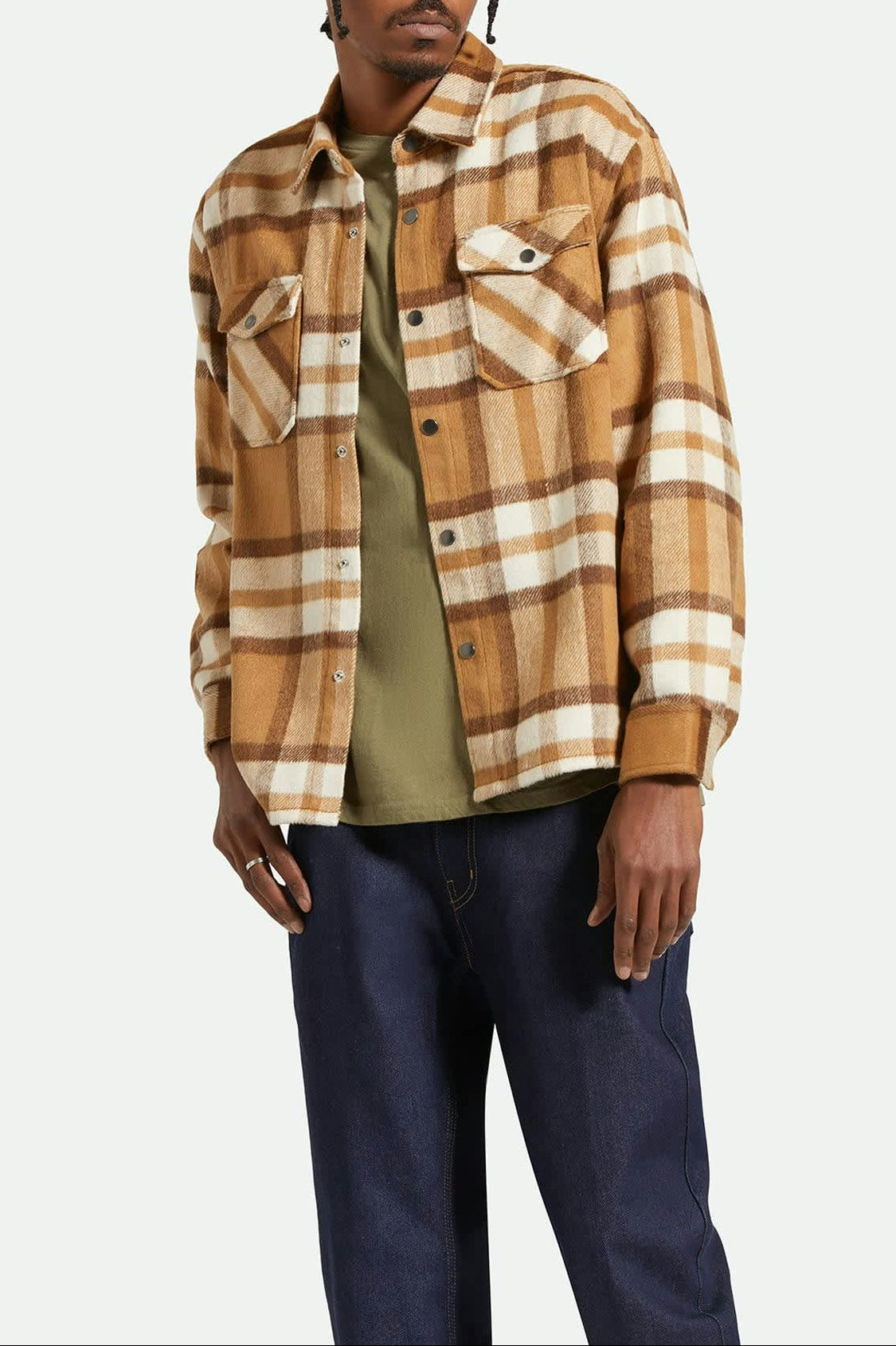 Men's Selden Soft Brushed L/S Flannel Overshirt in the color Tan/Bison - Men's Front View