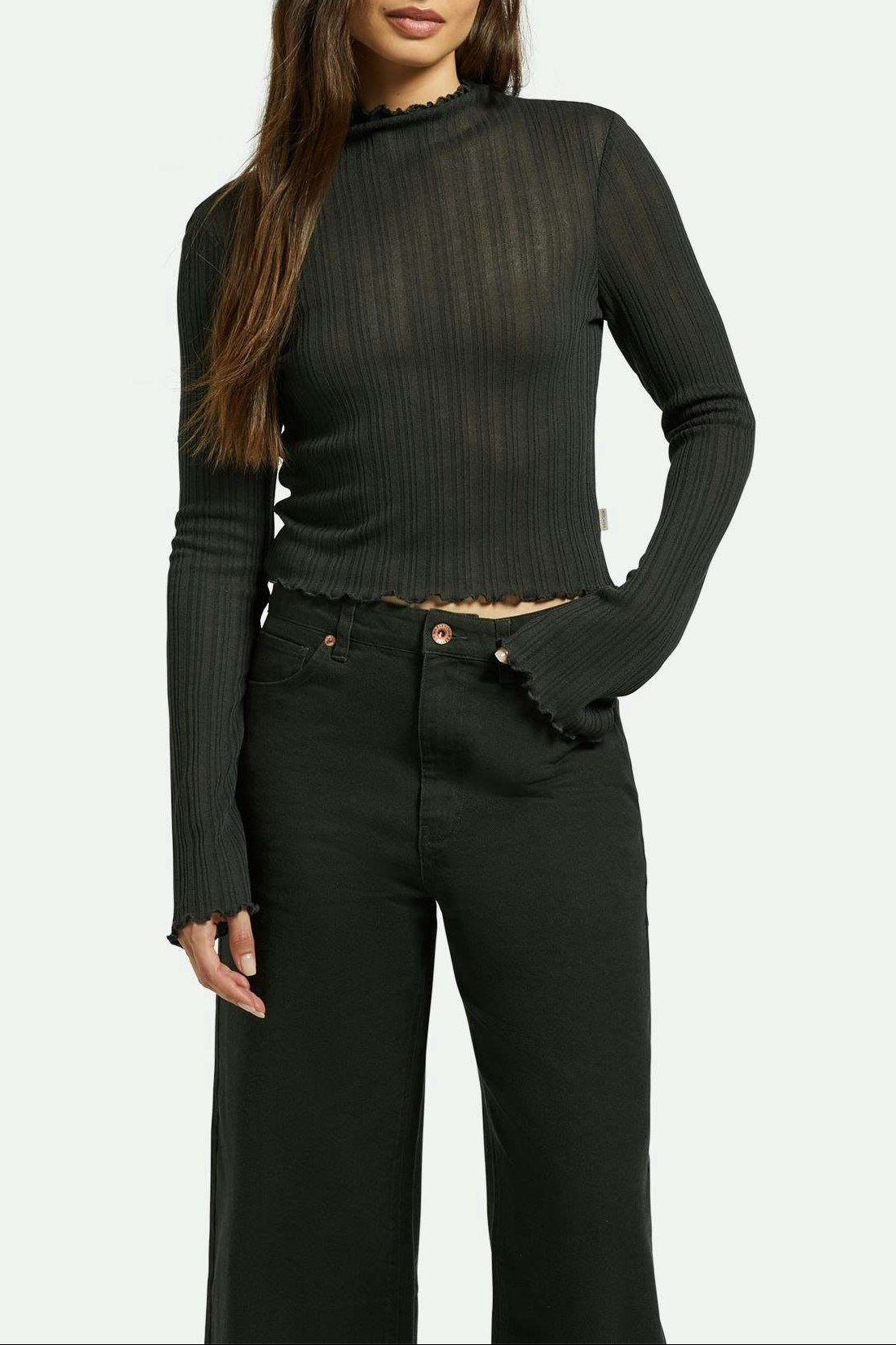 Brixton Women's Novelty Ribbed Turtleneck L/S - Washed Black | Front fit