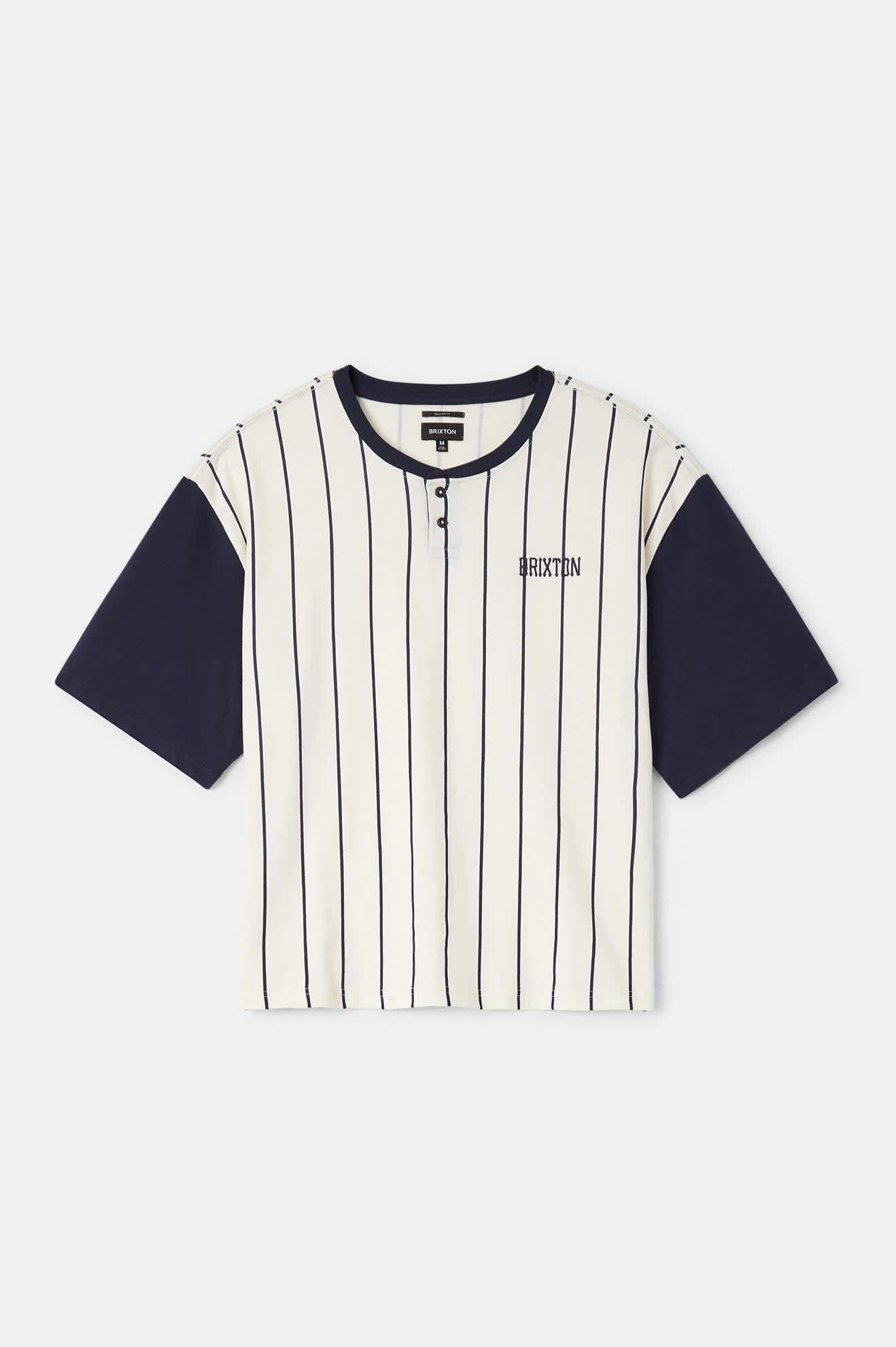 Men's Boxy Baseball T-Shirt in the color Off White Stripe/Washed Navy - Front Product Laydown Image